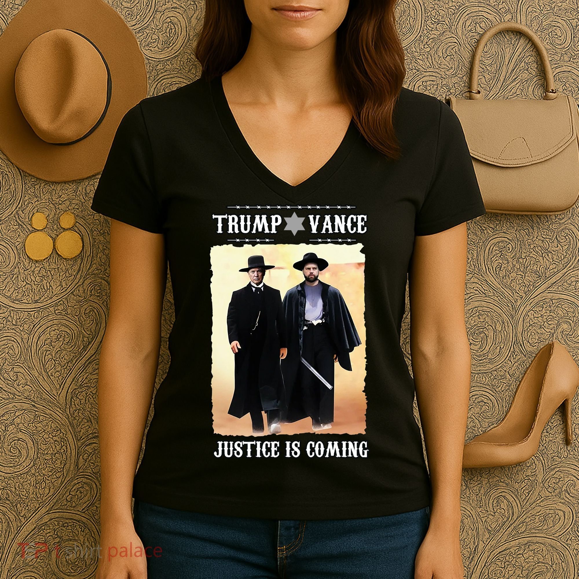 Trump Vance Justice Is Coming Women's V-Neck T-Shirt