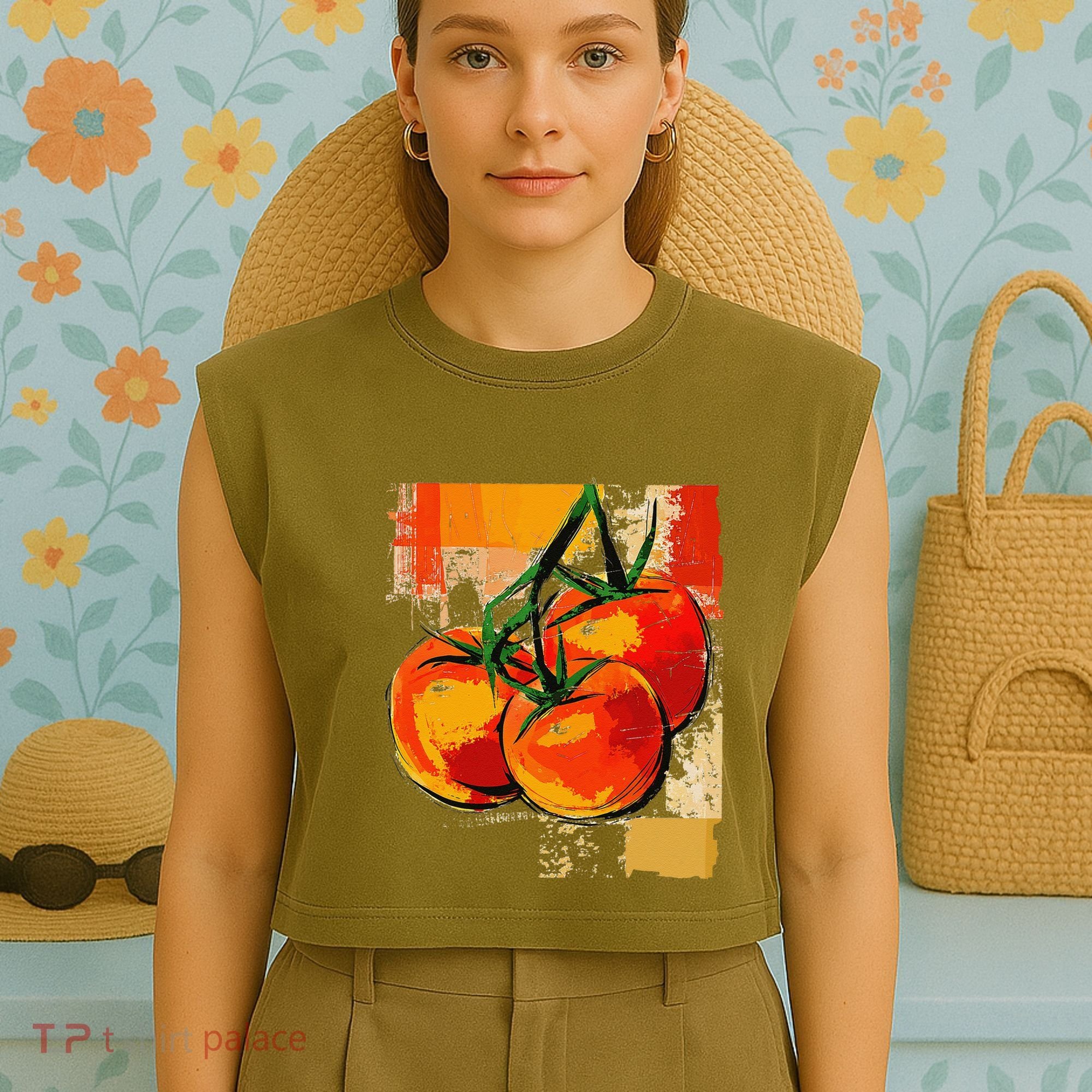 Tomato Vegetable Motif Art Tomato Garment-Dyed Women's Muscle Tee