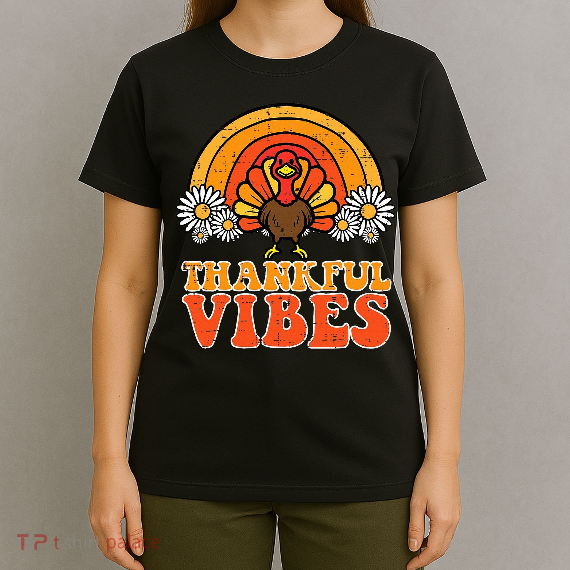 Thankful Vibes Turkey Rainbow Thanksgiving Women T-Shirt