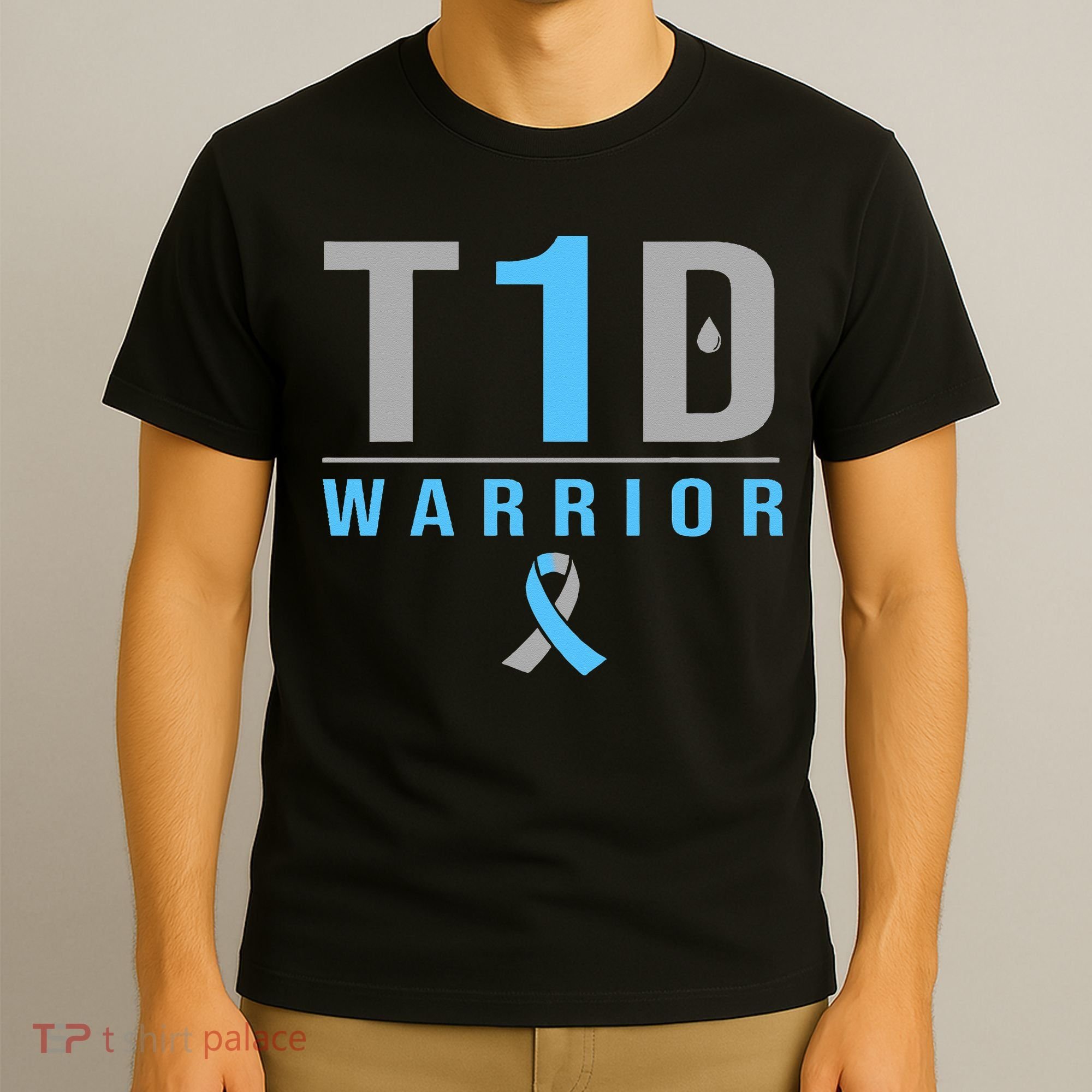 T1D Warrior Blue Grey Ribbon Type 1 Diabetes Awareness Gifts T-Shirt