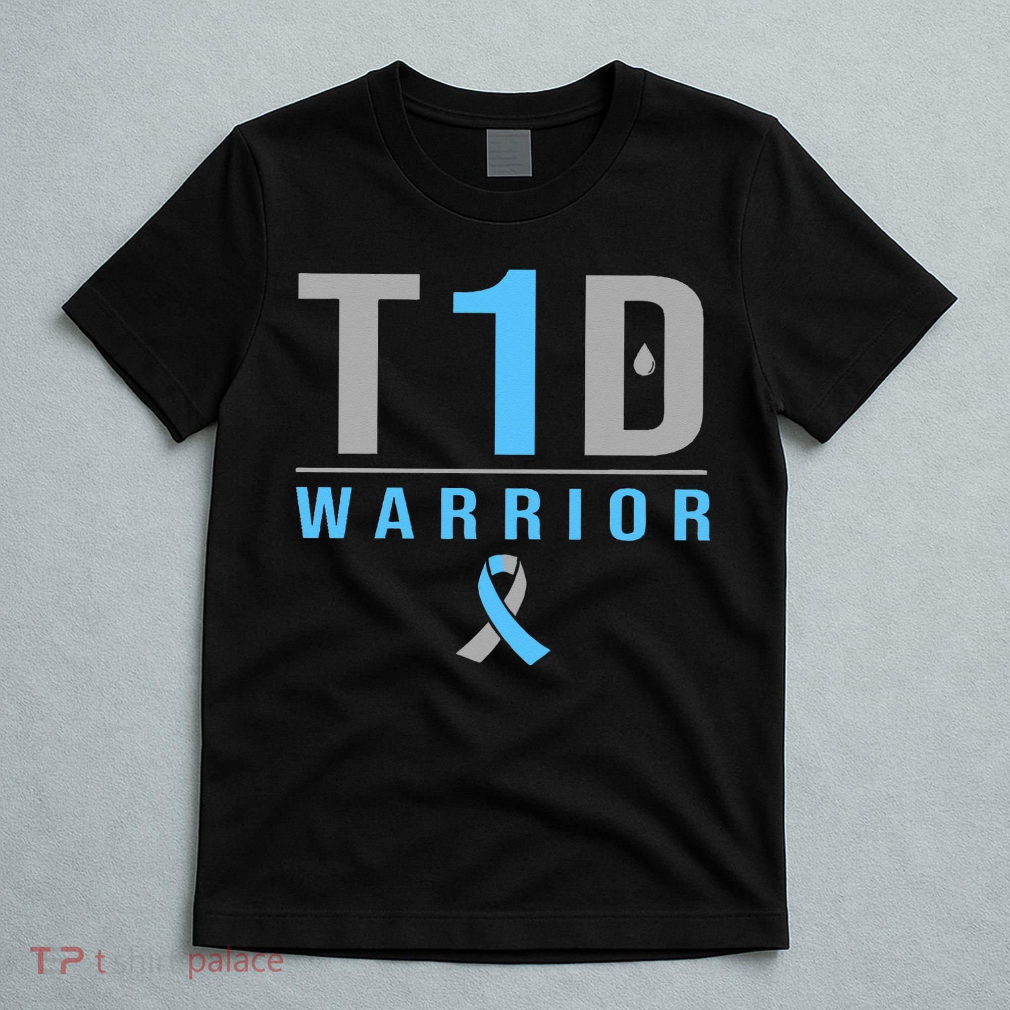 T1D Warrior Blue Grey Ribbon Type 1 Diabetes Awareness Gifts T-Shirt