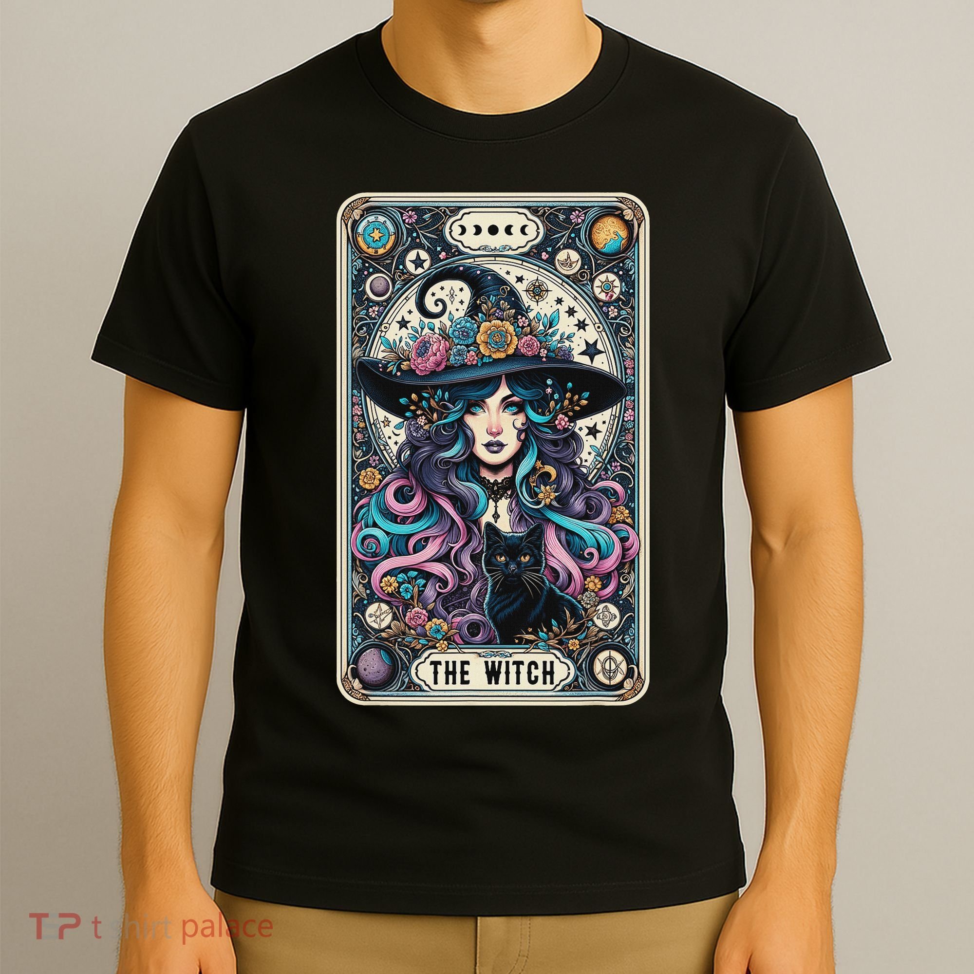 The Witch Cat Tarot Card Witch Vintage Gothic Halloween T-Shirt