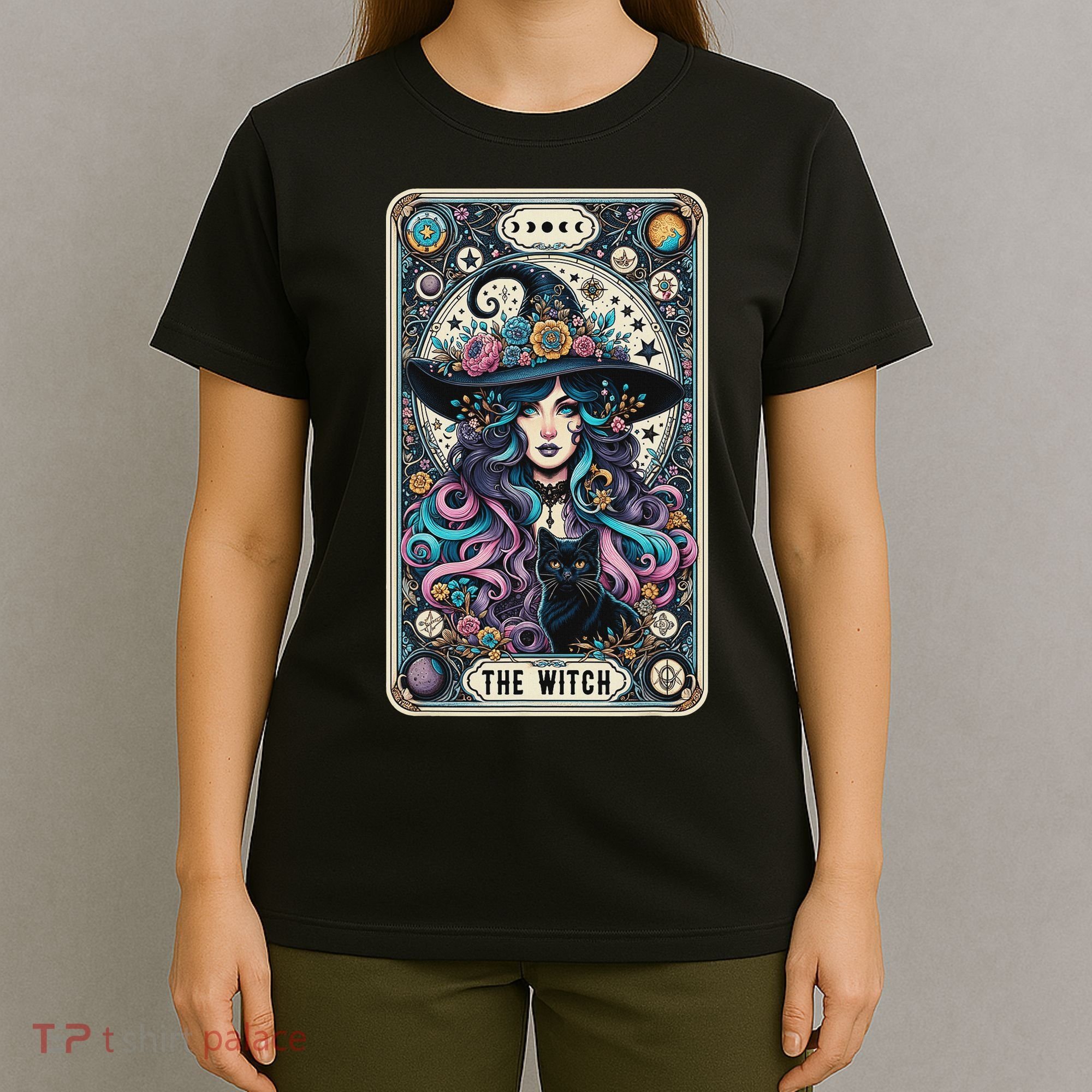 The Witch Cat Tarot Card Witch Vintage Gothic Halloween T-Shirt