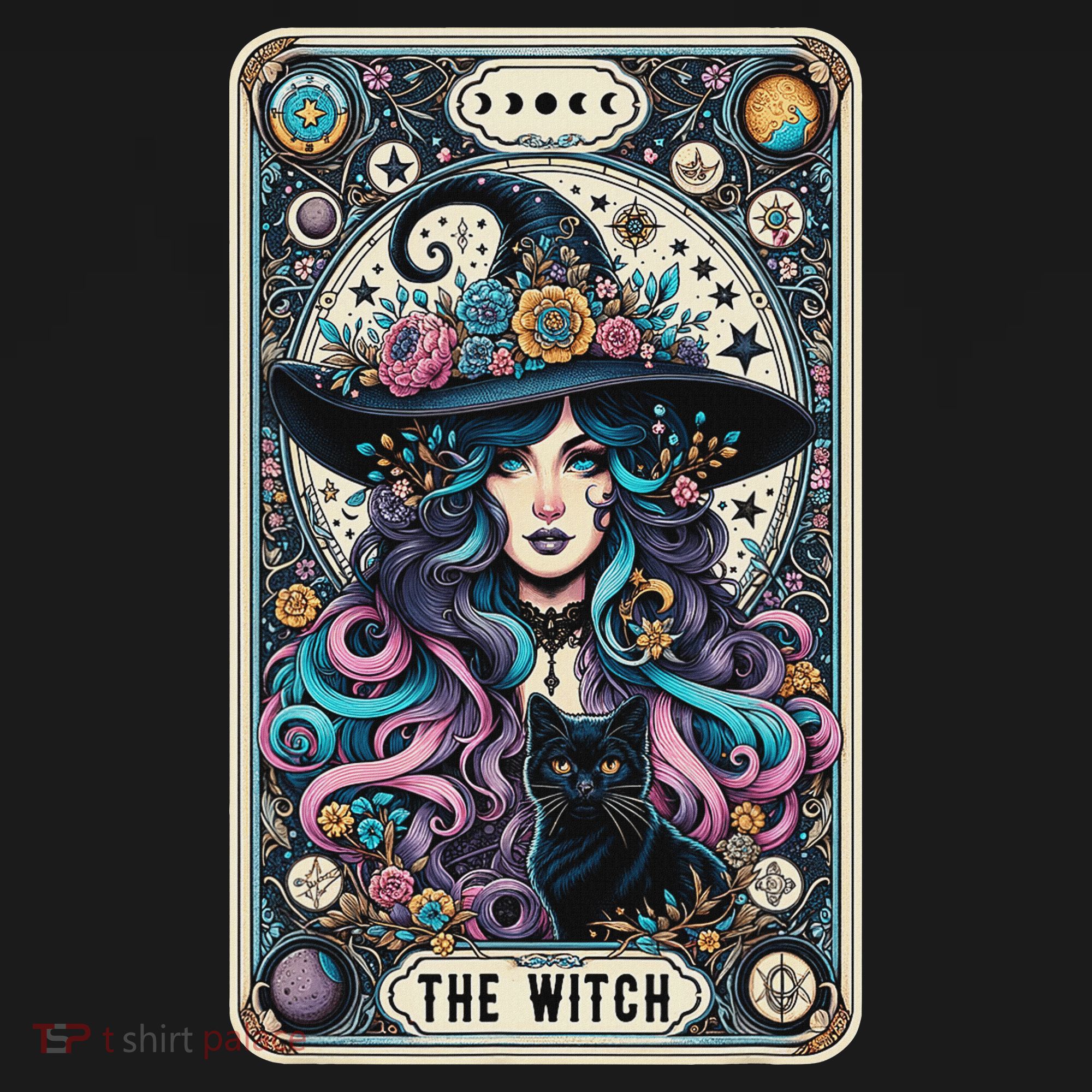 The Witch Cat Tarot Card Witch Vintage Gothic Halloween T-Shirt