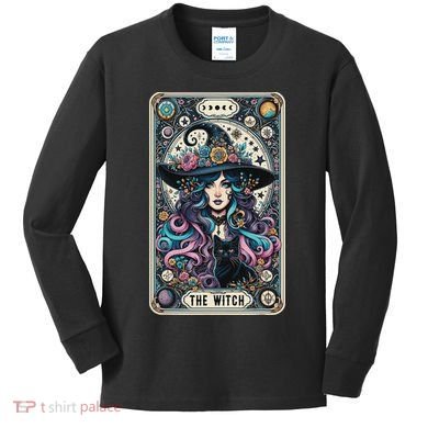 The Witch Cat Tarot Card Witch Vintage Gothic Halloween Kids Long Sleeve Shirt
