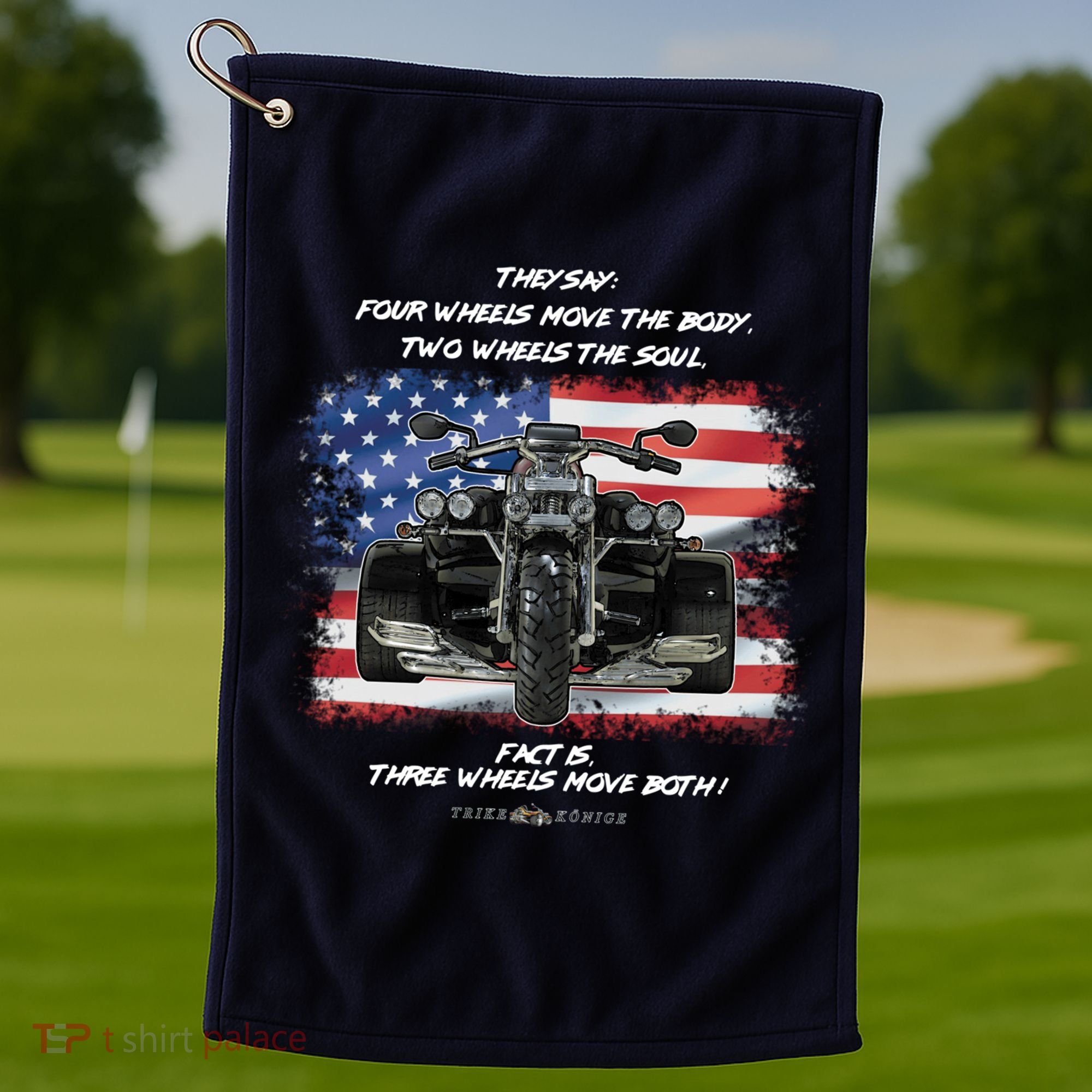 Three Wheels Do Both! USA Flags Trike Gift Golf Towel
