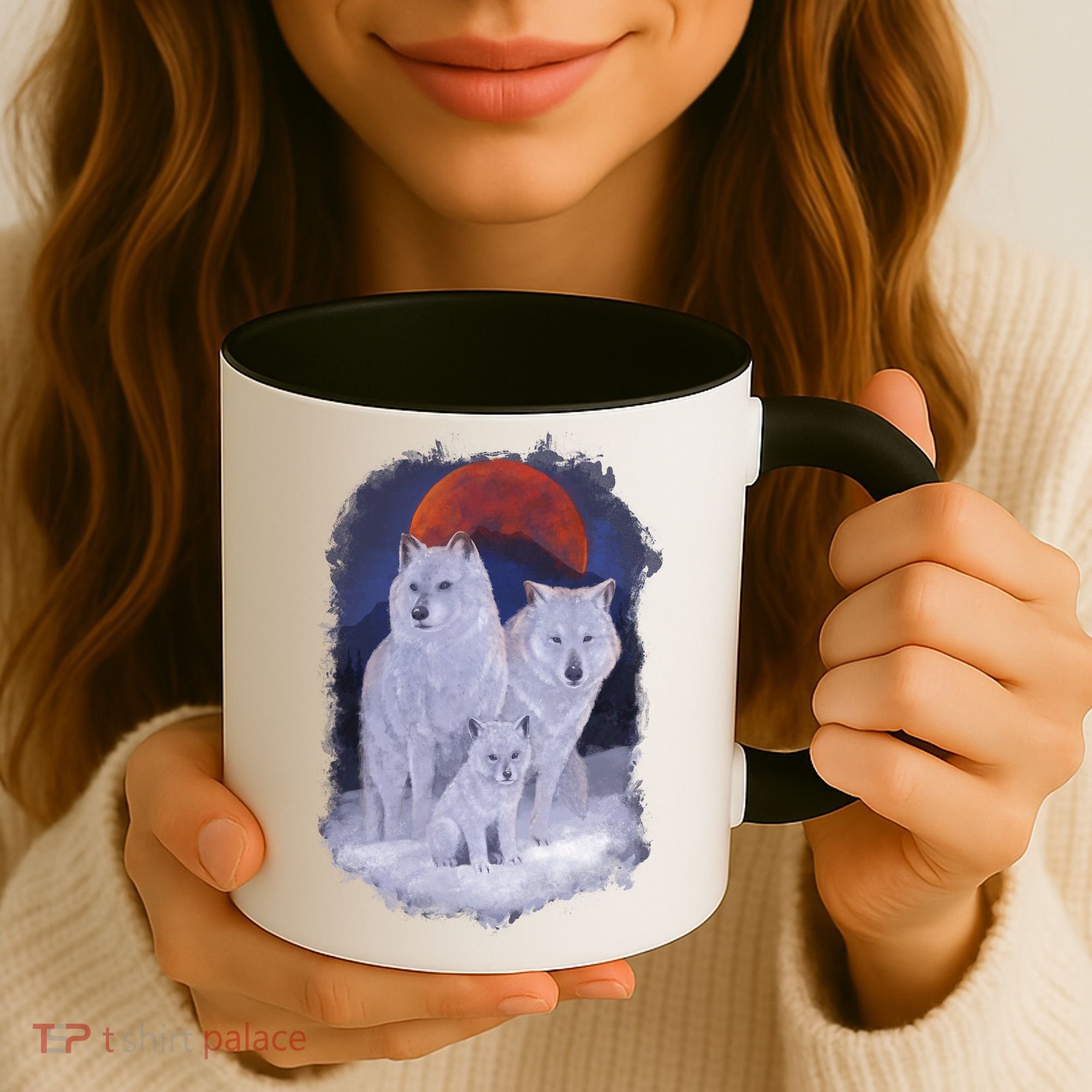 Three Wolves Family Portrait Painting Coffee Mug