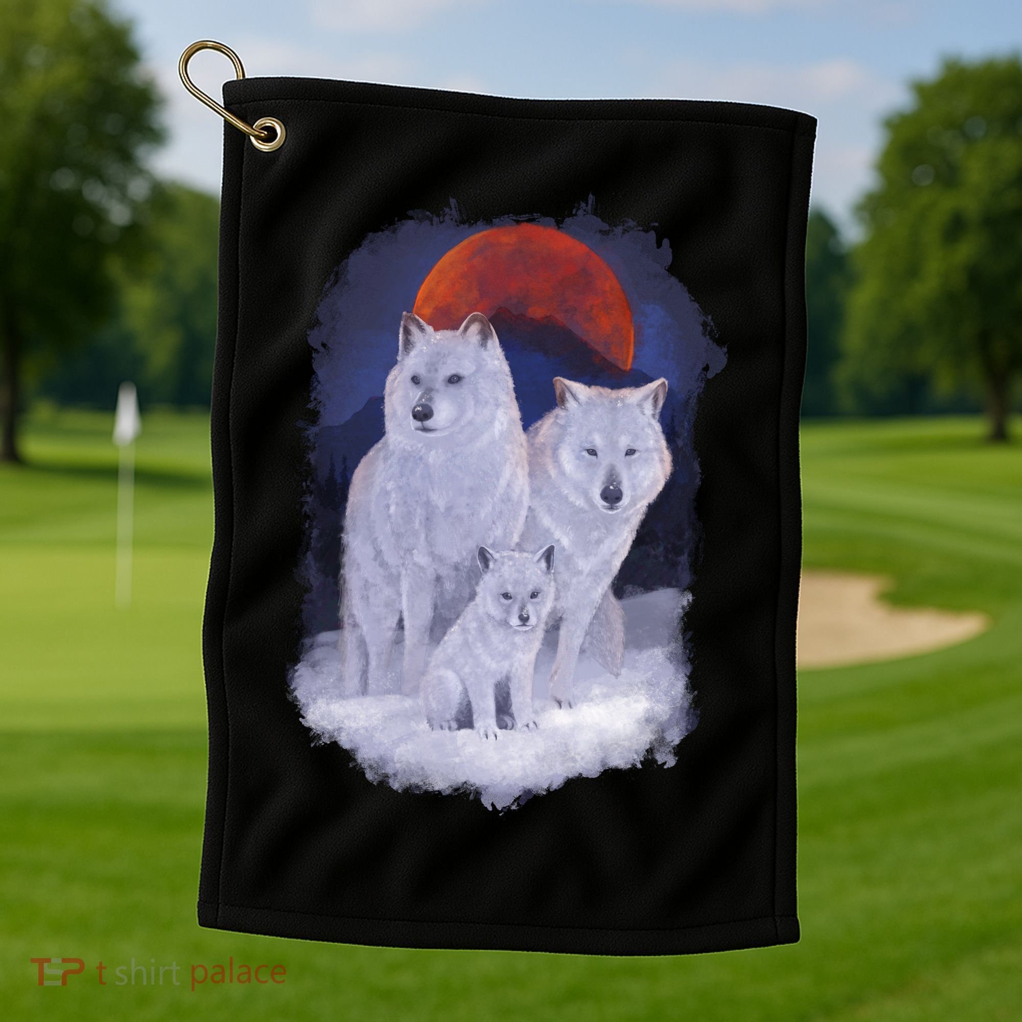 Three Wolves Family Portrait Painting Golf Towel