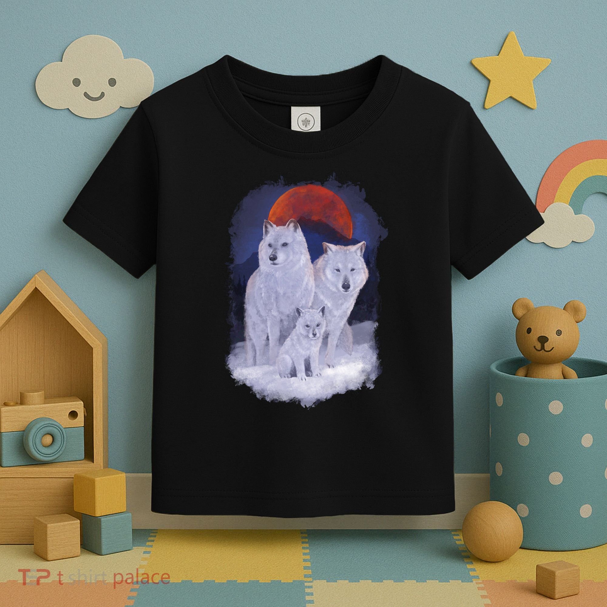 Three Wolves Family Portrait Painting Toddler T-Shirt