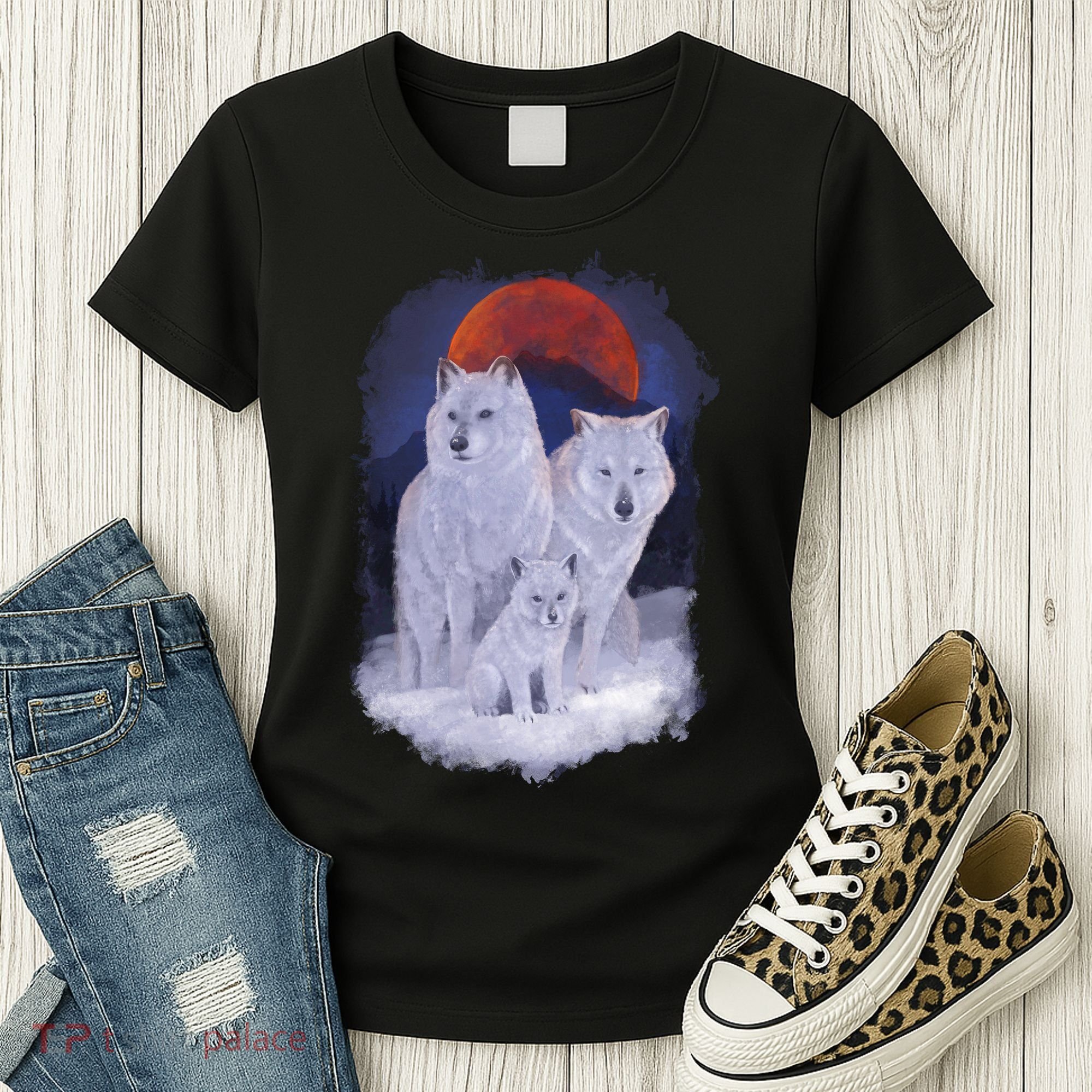 Three Wolves Family Portrait Painting Women's T-Shirt