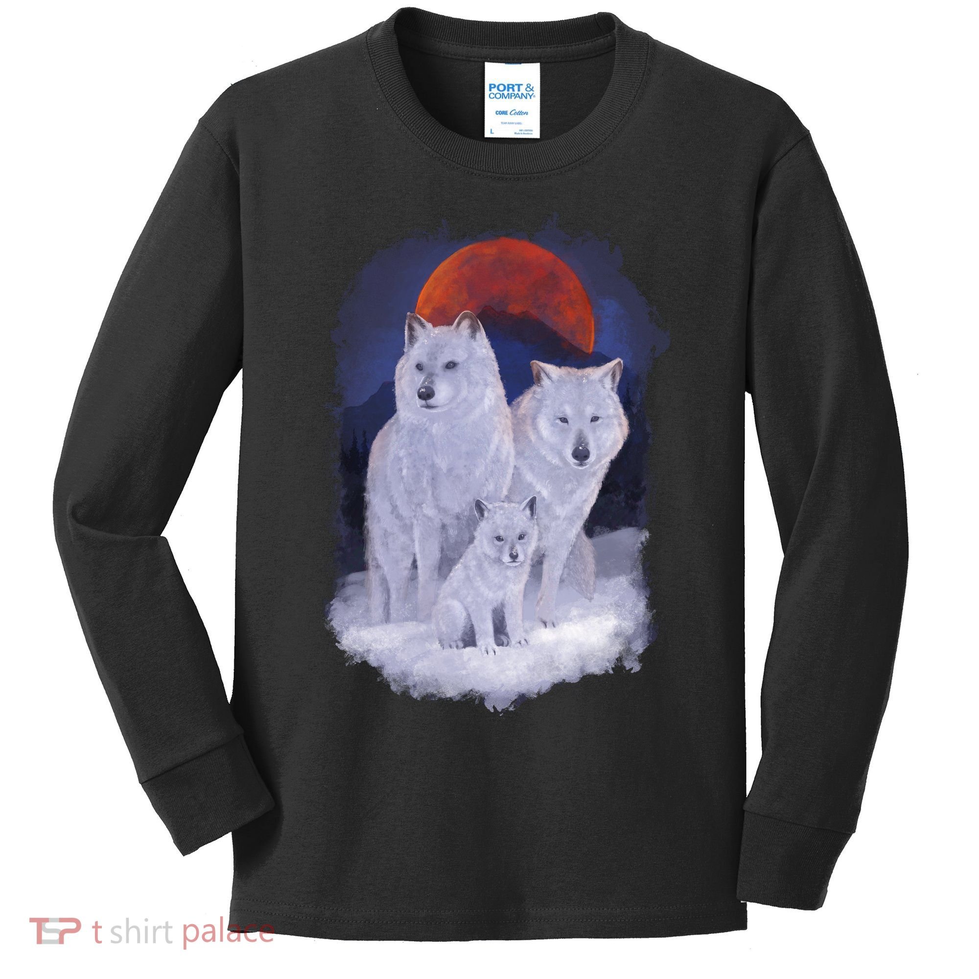 Three Wolves Family Portrait Painting Kids Long Sleeve Shirt