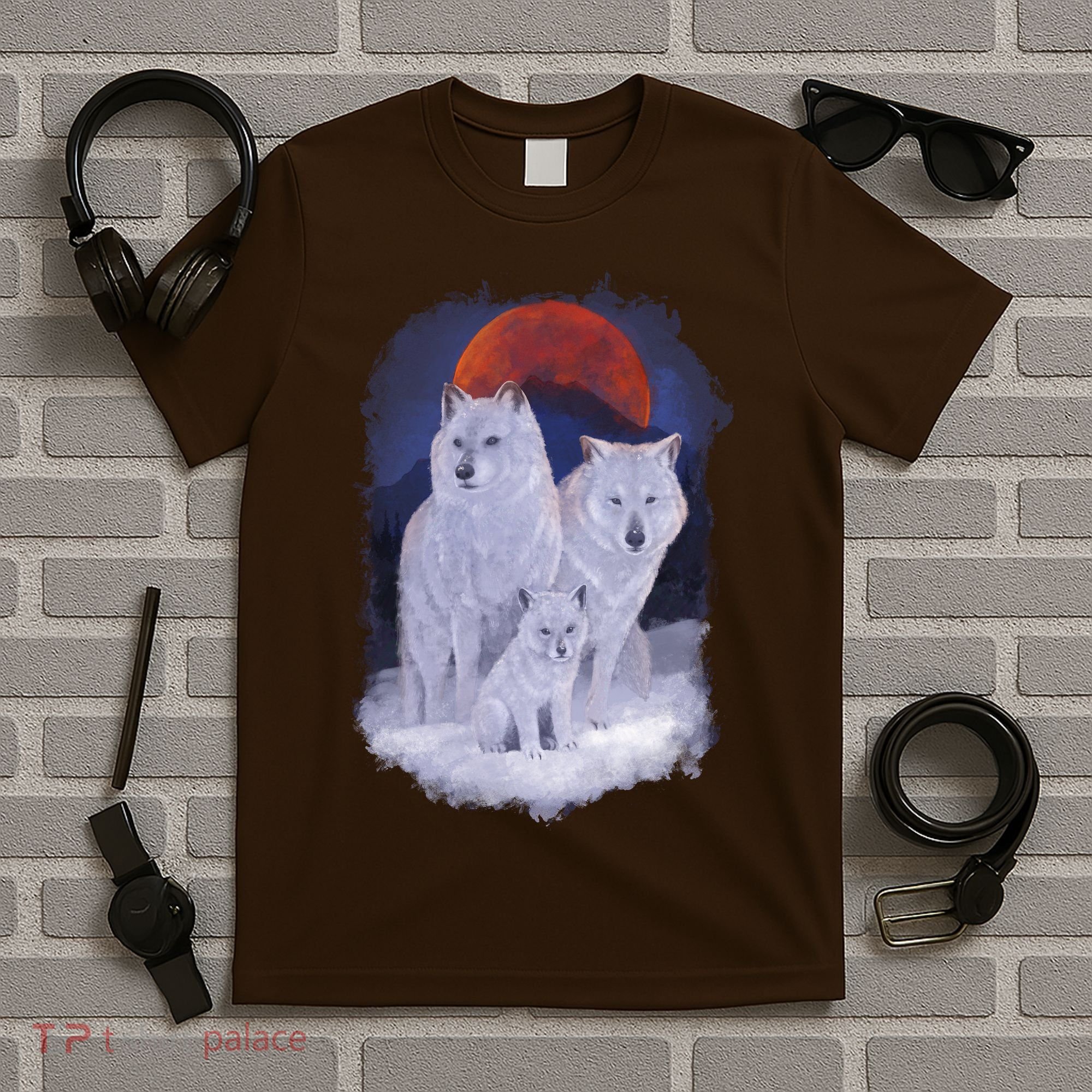 Three Wolves Family Portrait Painting T-Shirt