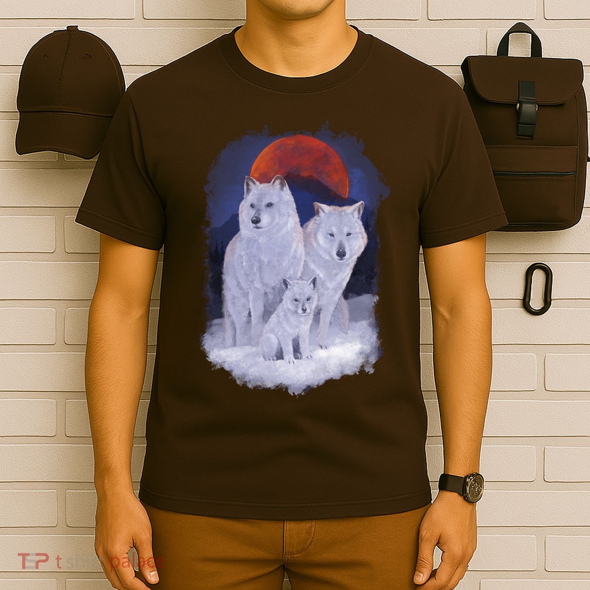 Three Wolves Family Portrait Painting T-Shirt