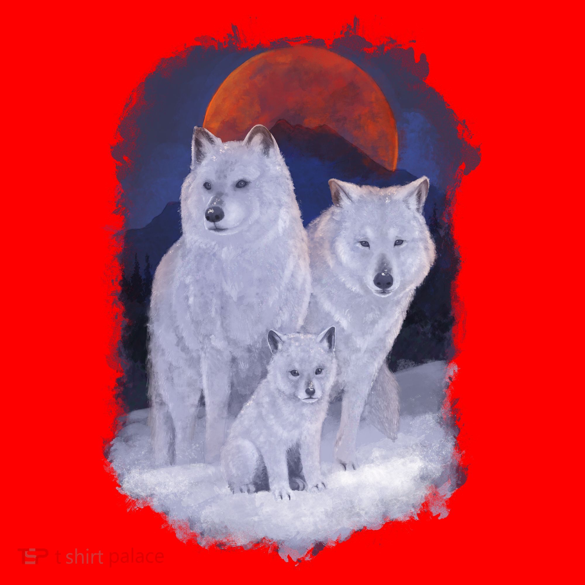 Three Wolves Family Portrait Painting Santa Hat