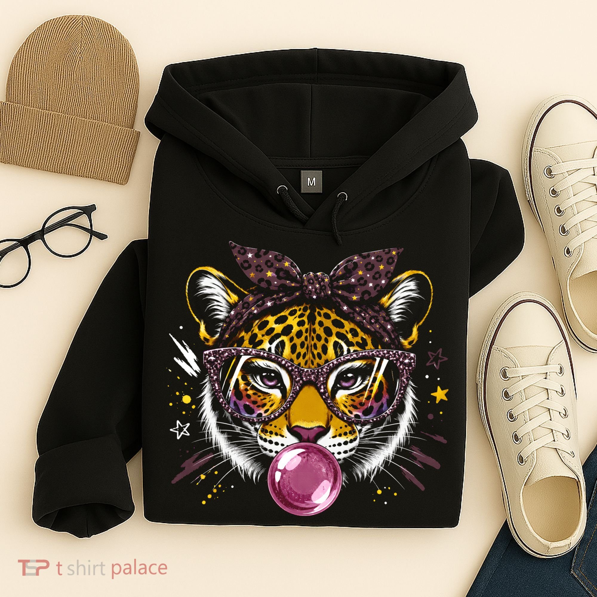 Tiger With Glasses Bubblegum And Pink Bow Hoodie