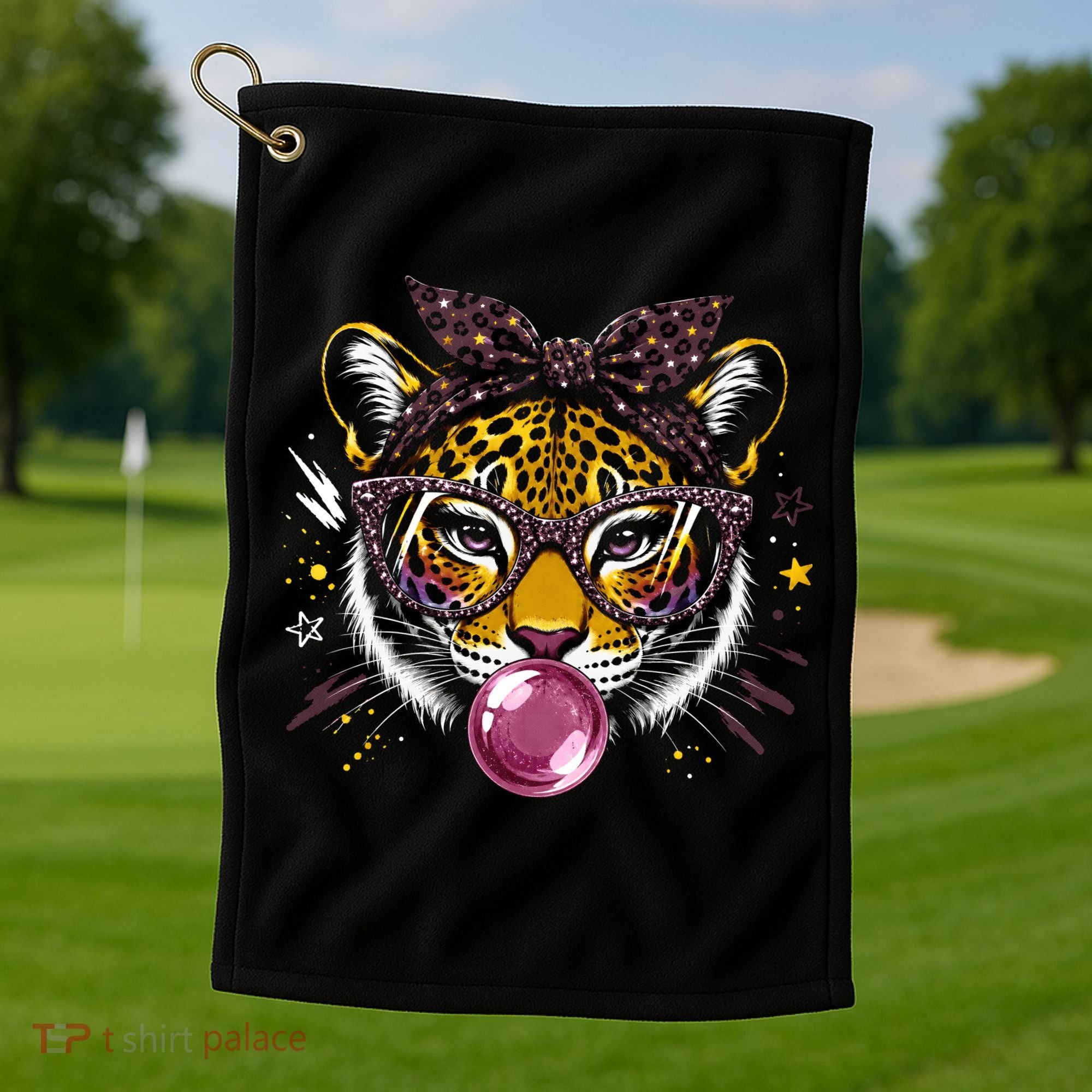 Tiger With Glasses Bubblegum And Pink Bow Golf Towel