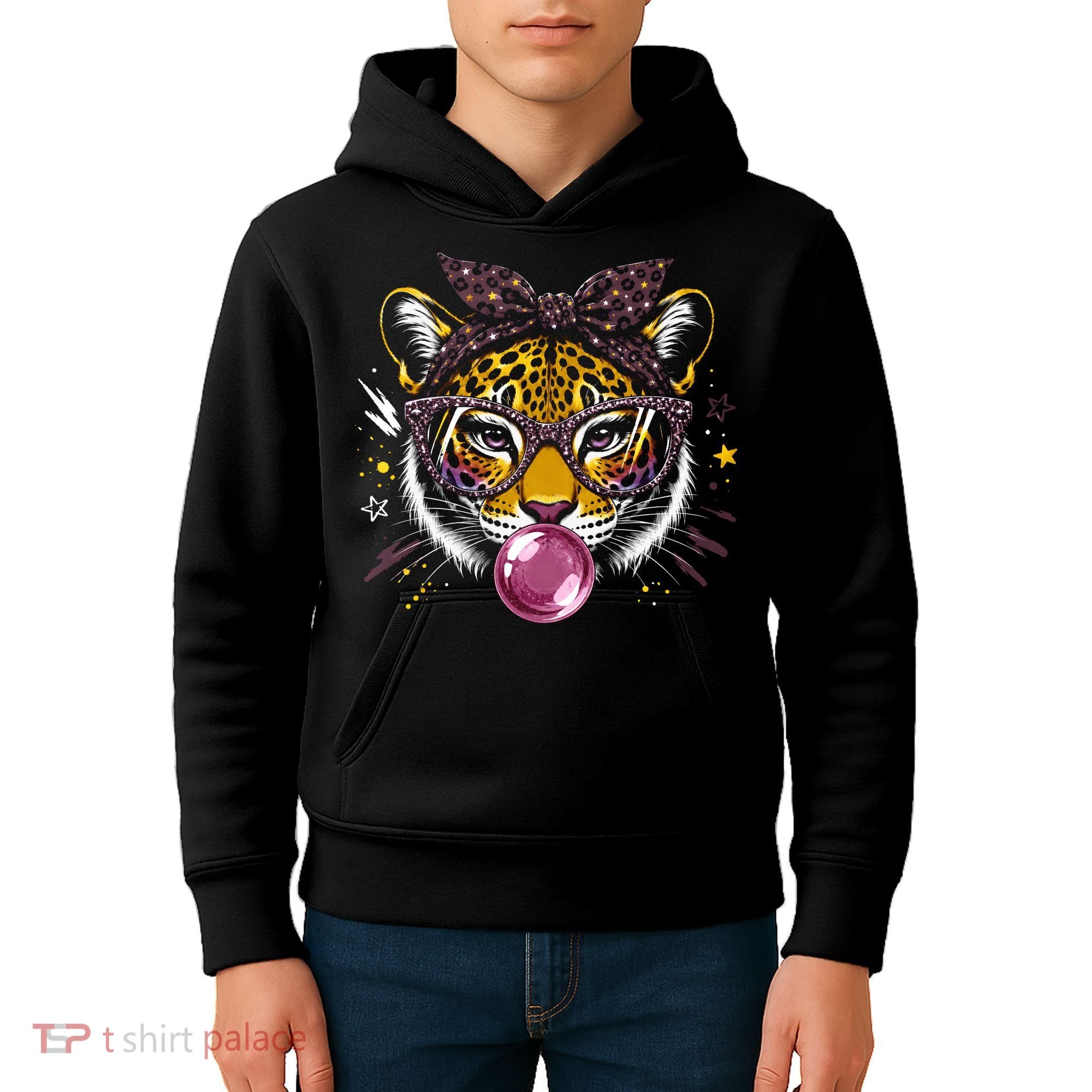 Tiger With Glasses Bubblegum And Pink Bow Kids Hoodie