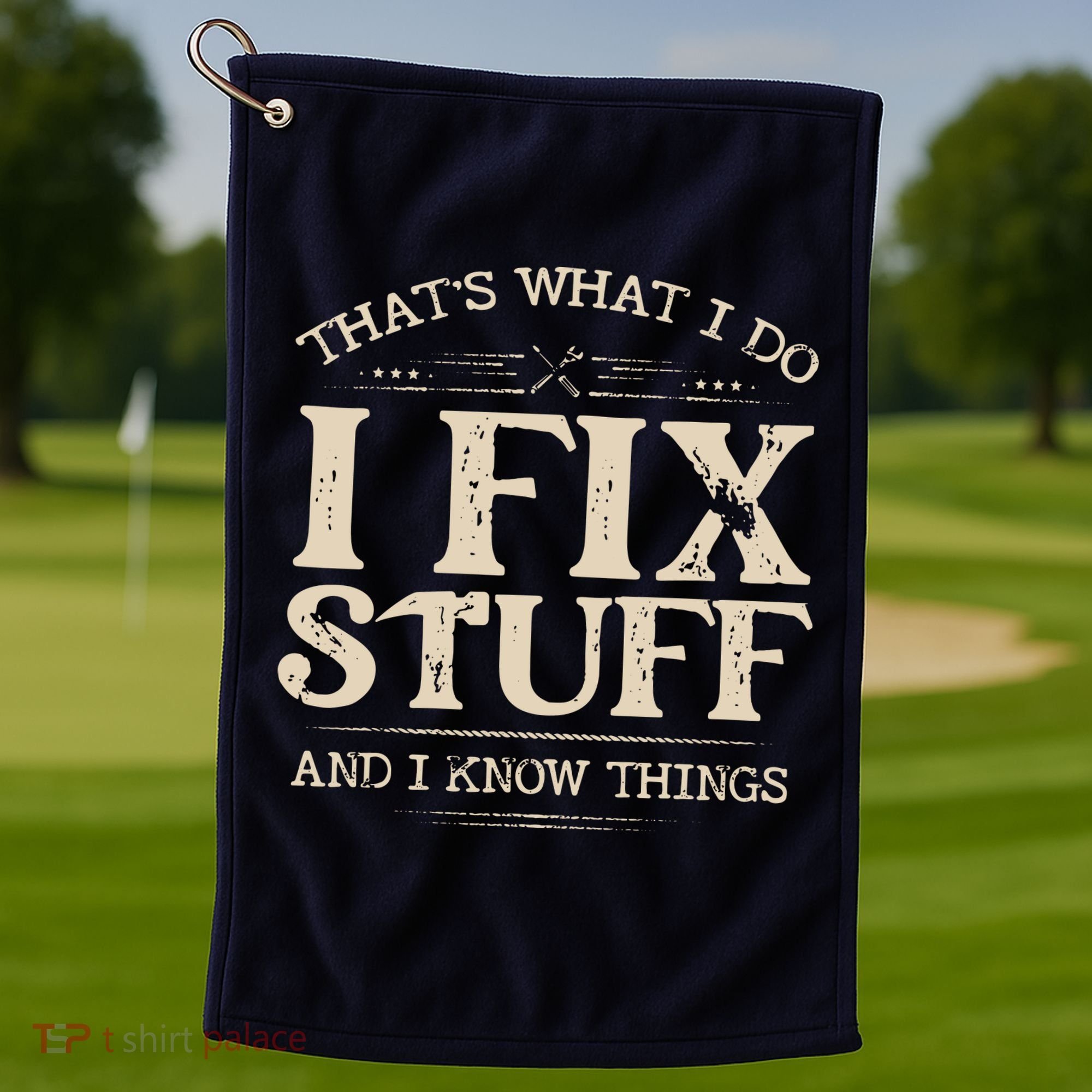 That's What I Do I Fix Stuff And I Know Things Funny Saying Golf Towel