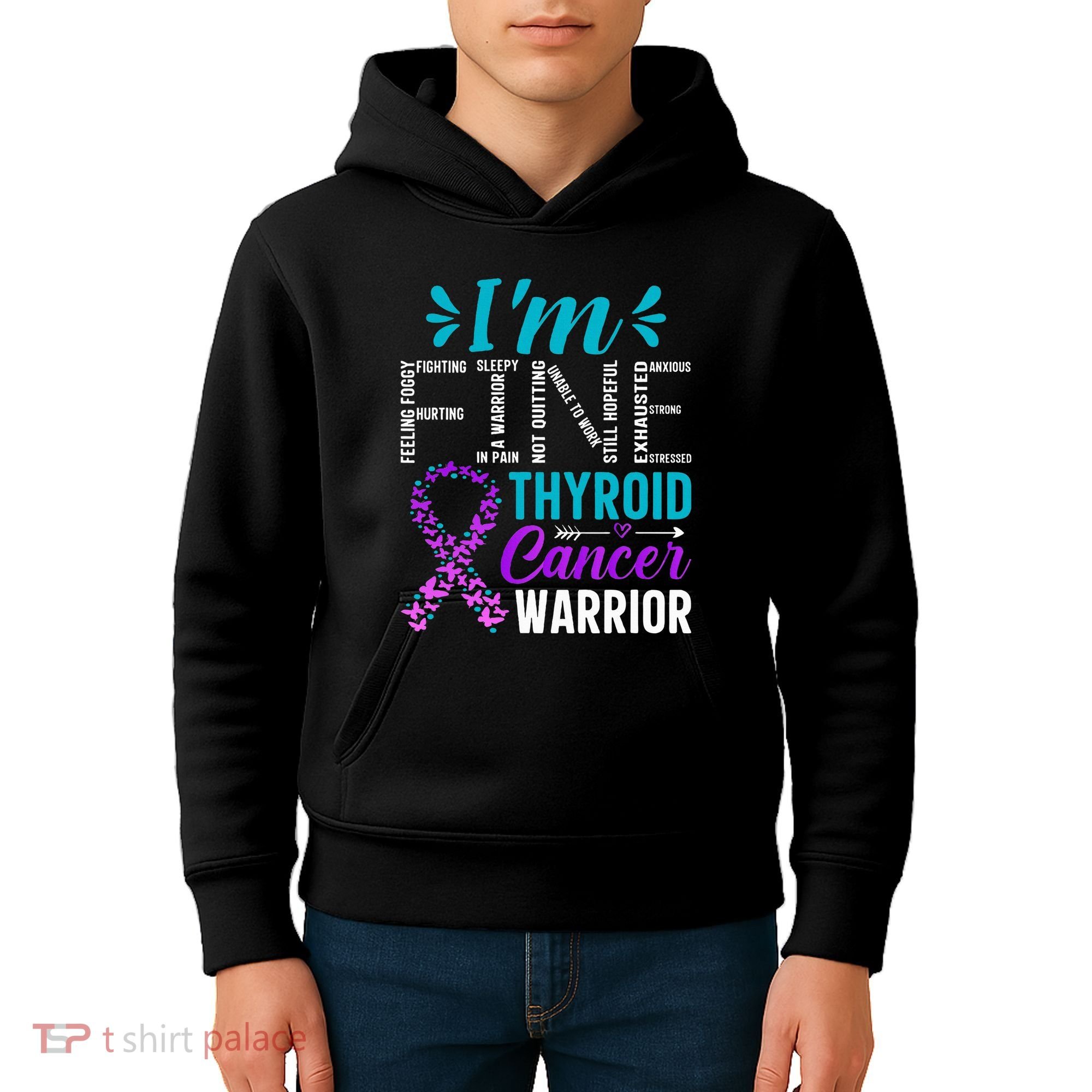 Thyroid Warrior IM Fine Thyroid Cancer Ribbon Awareness Kids Hoodie