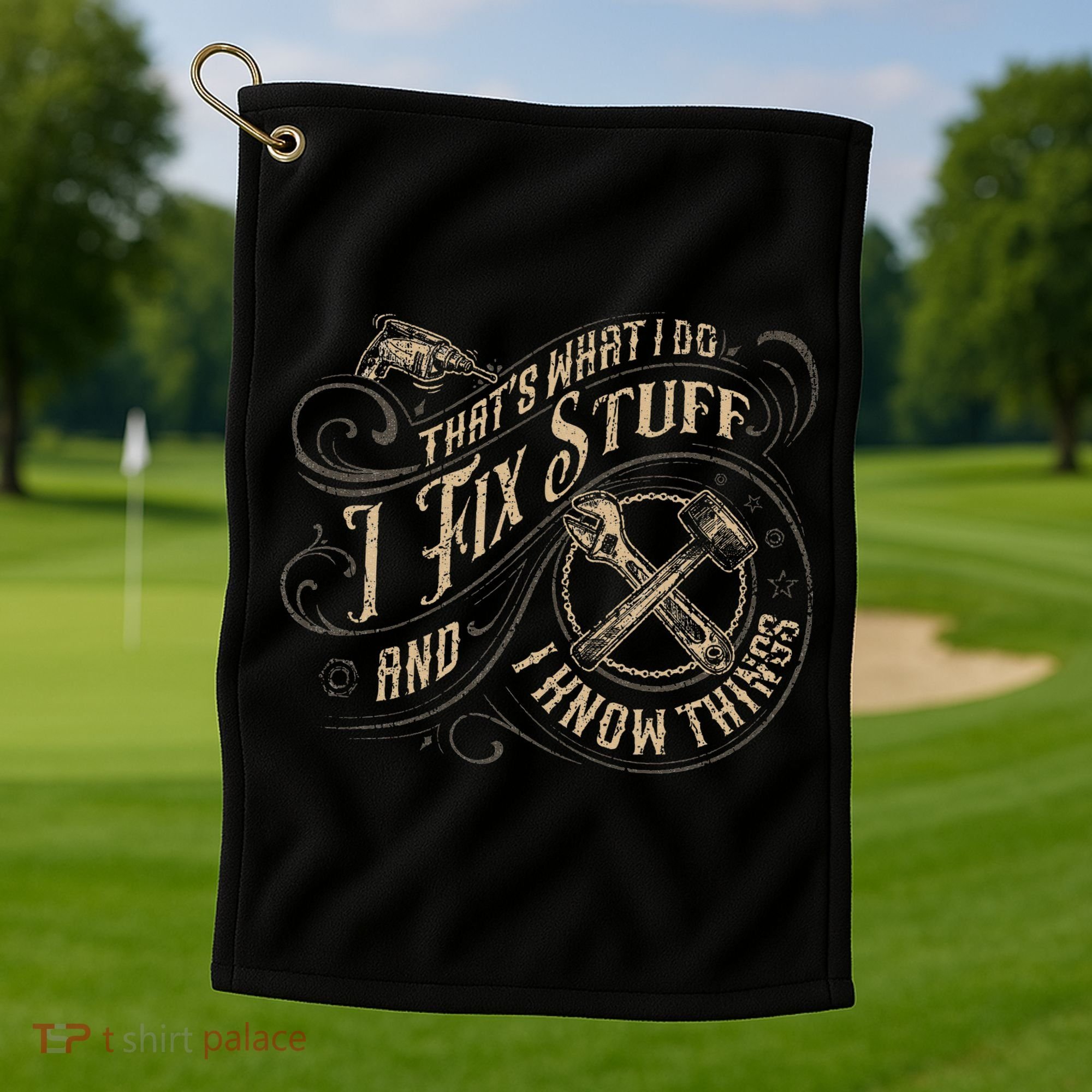 That's What I Do I Fix Stuff And I Know Things Funny Saying Golf Towel
