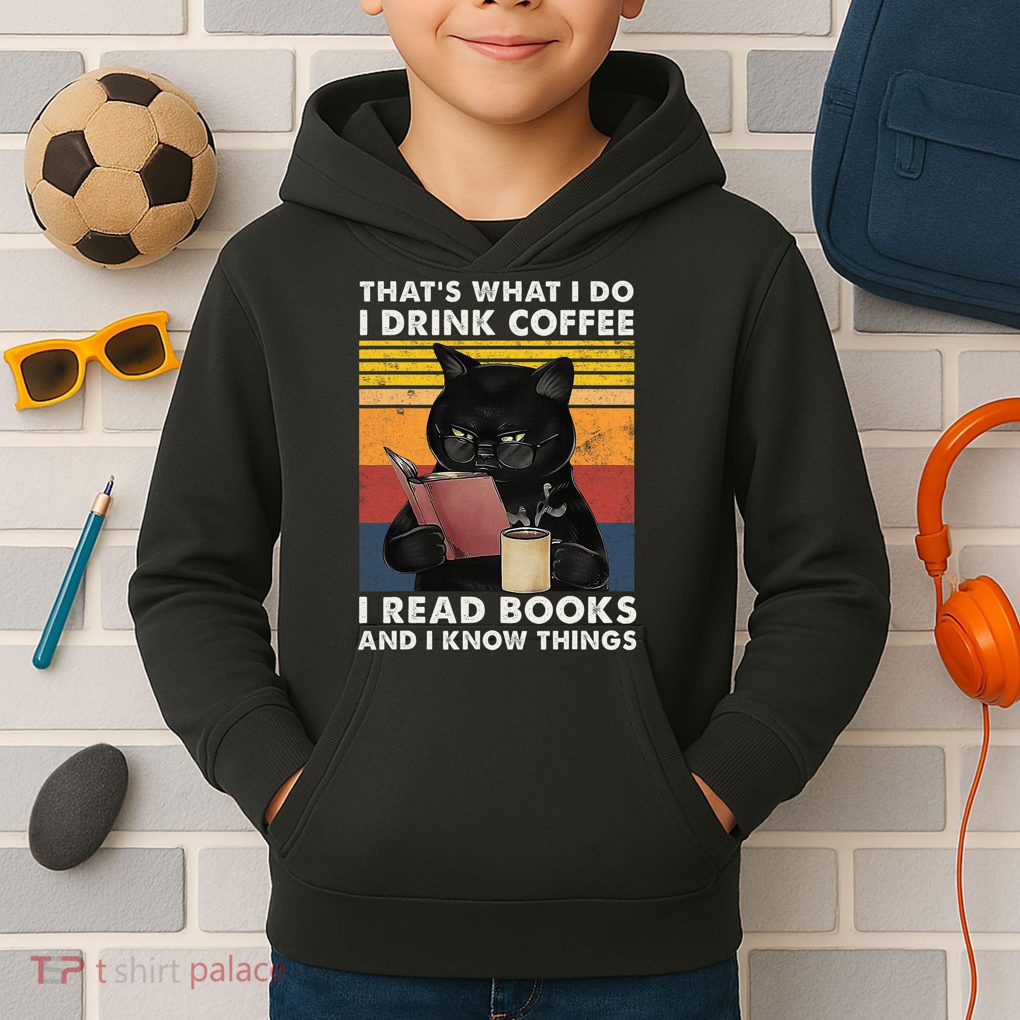 That's What I Do I Drink Coffee I Read Books Retro Black Cat Kids Hoodie