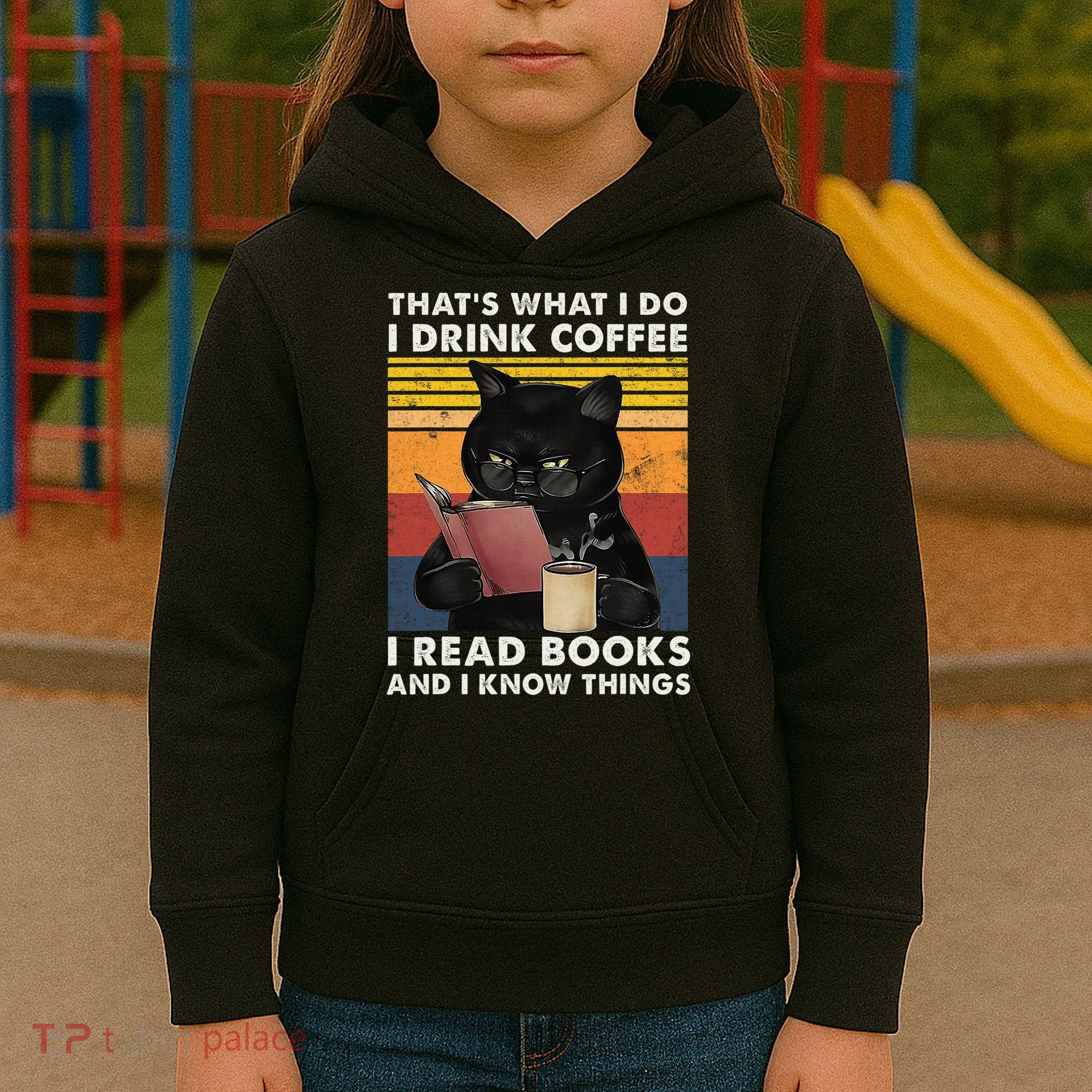 That's What I Do I Drink Coffee I Read Books Retro Black Cat Kids Hoodie