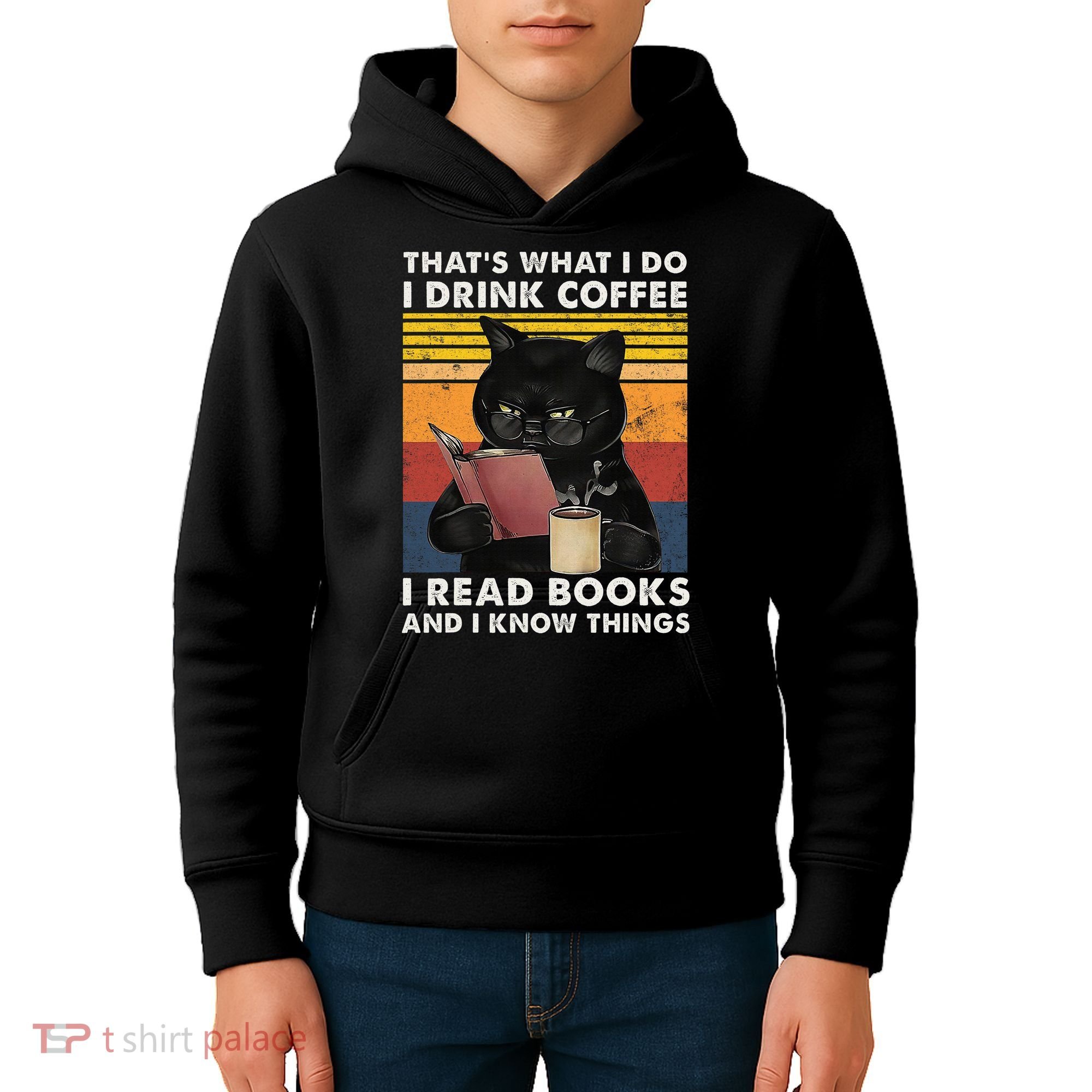 That's What I Do I Drink Coffee I Read Books Retro Black Cat Kids Hoodie