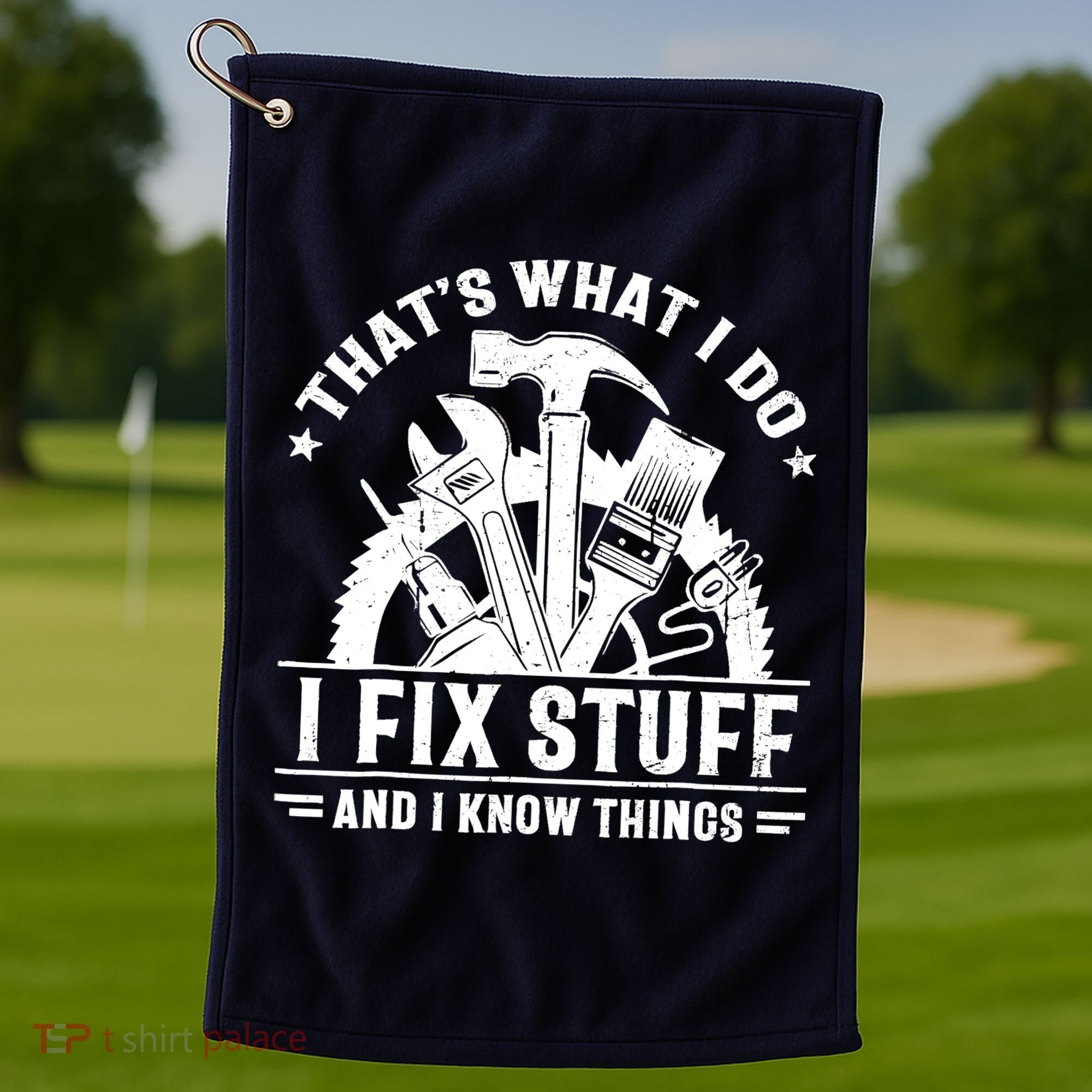 That's What I Do I Fix Stuff And I Know Things Funny Saying Golf Towel