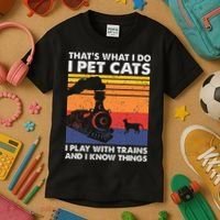 ThatS What I Do I Pet Cats I Play With Trains Model Train Kids T-Shirt thumb 3