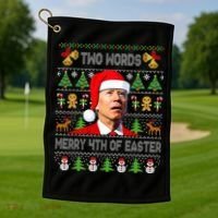 Two Words Merry 4th Of Easter Joe Biden Christmas Sweater Golf Towel thumb 1