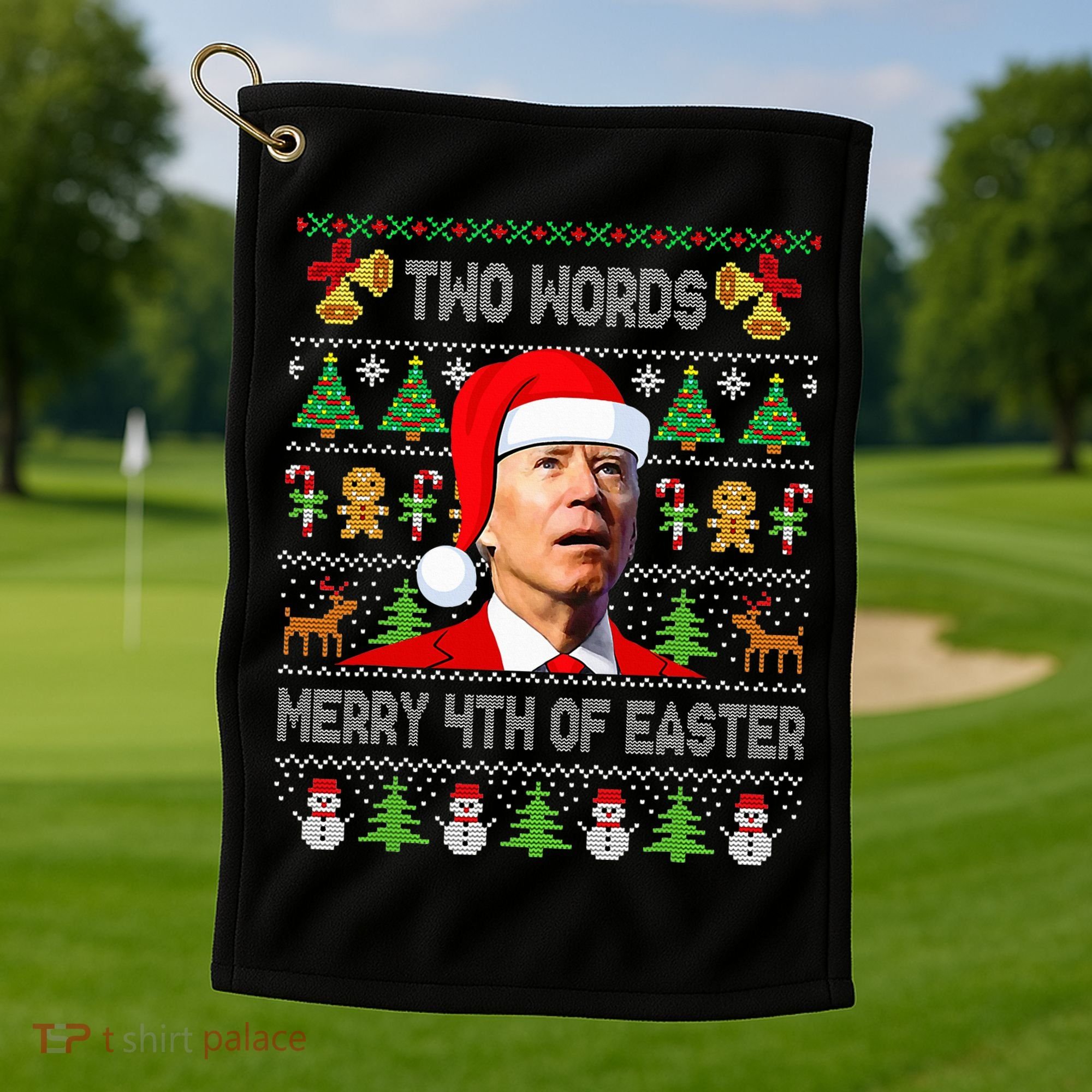 Two Words Merry 4th Of Easter Joe Biden Christmas Sweater Golf Towel