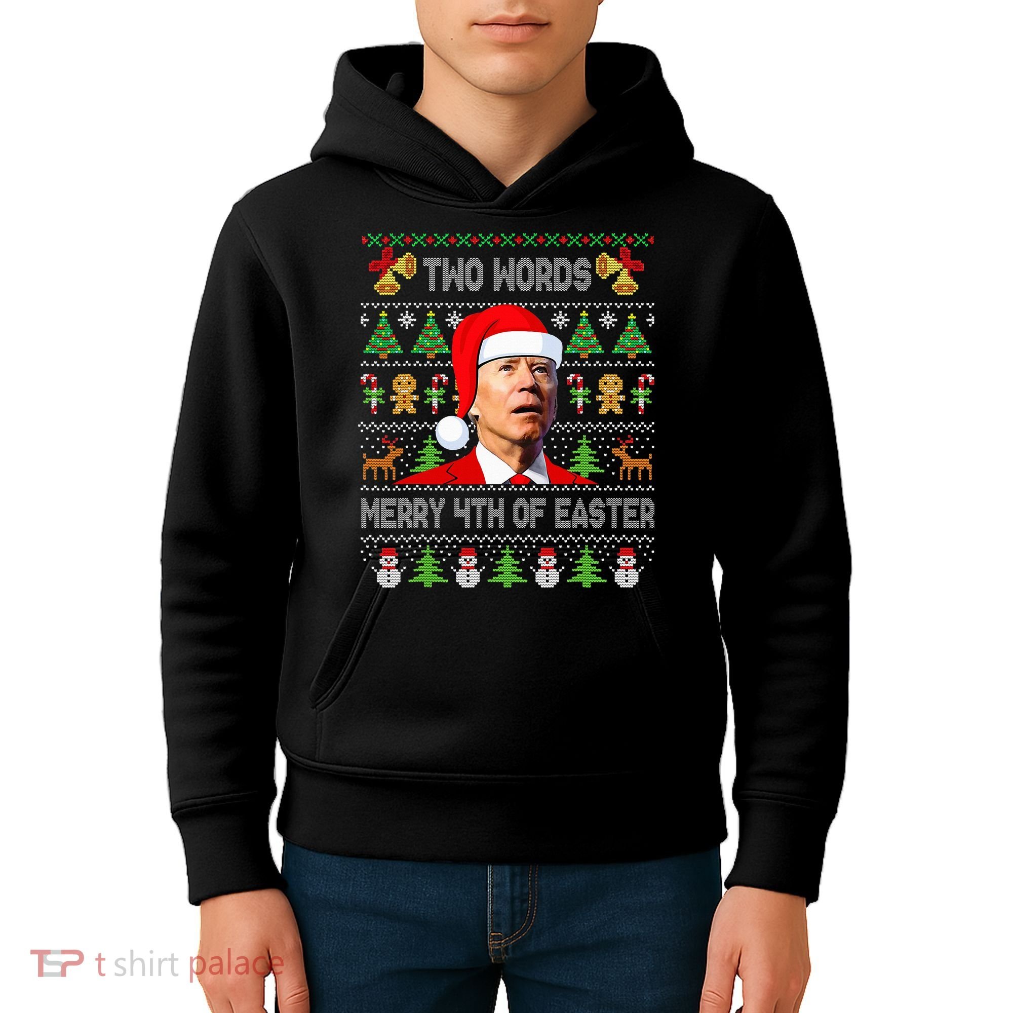Two Words Merry 4th Of Easter Joe Biden Christmas Sweater Kids Hoodie