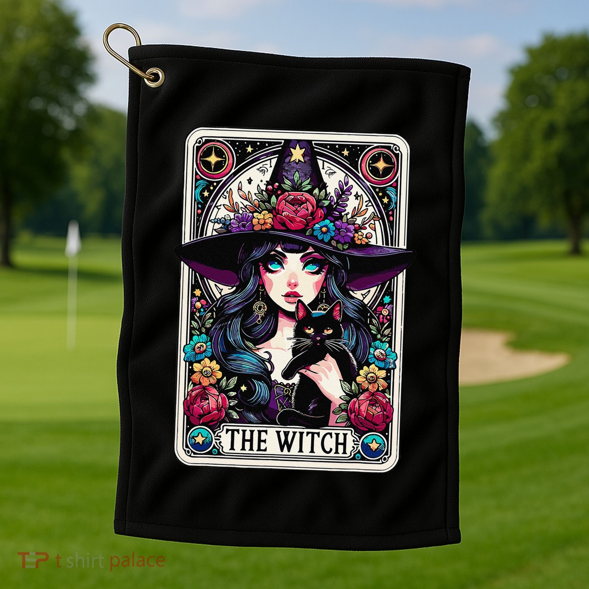 The Witch Tarot Card Halloween Gothic Witchy Vibes Black Cat Golf Towel