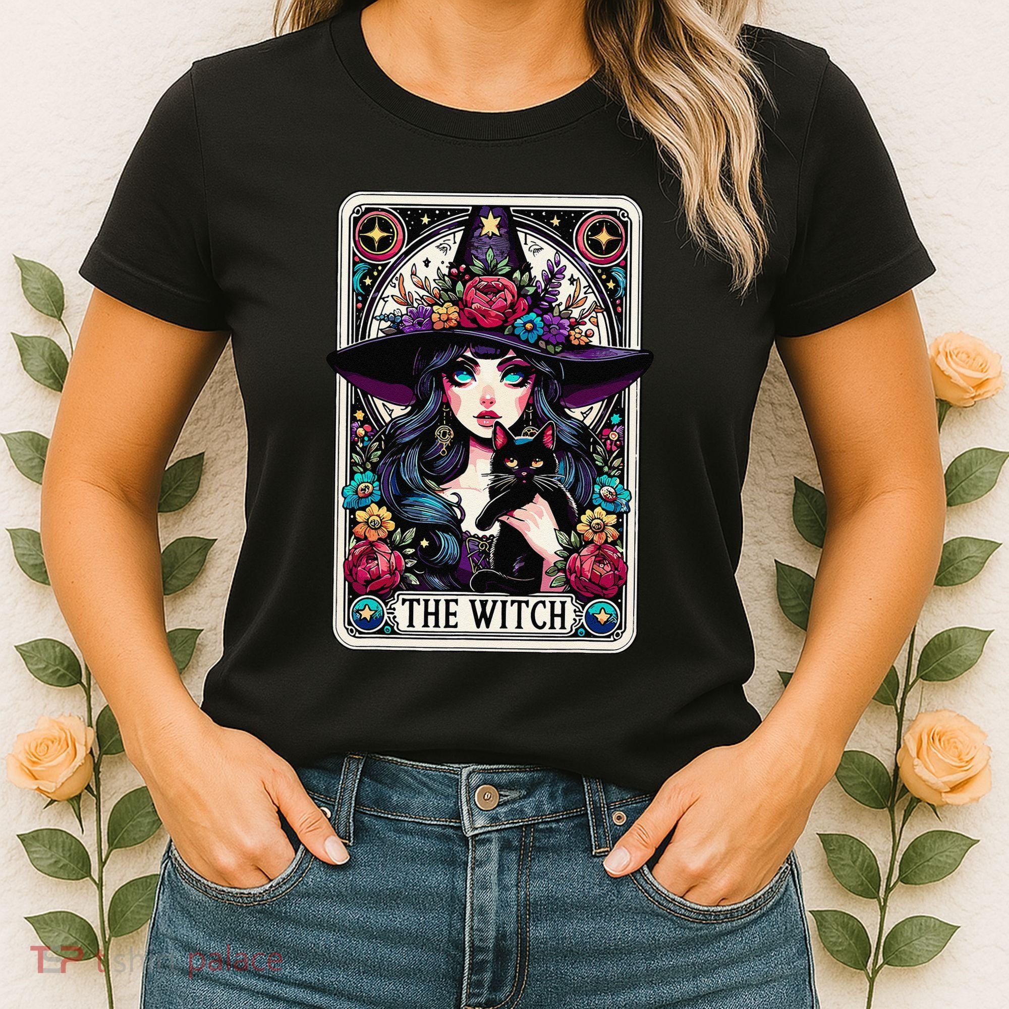 The Witch Tarot Card Halloween Gothic Witchy Vibes Black Cat Women's T-Shirt