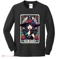 The Witch Tarot Card Halloween Gothic Witchy Vibes Black Cat Kids Long Sleeve Shirt thumb 0