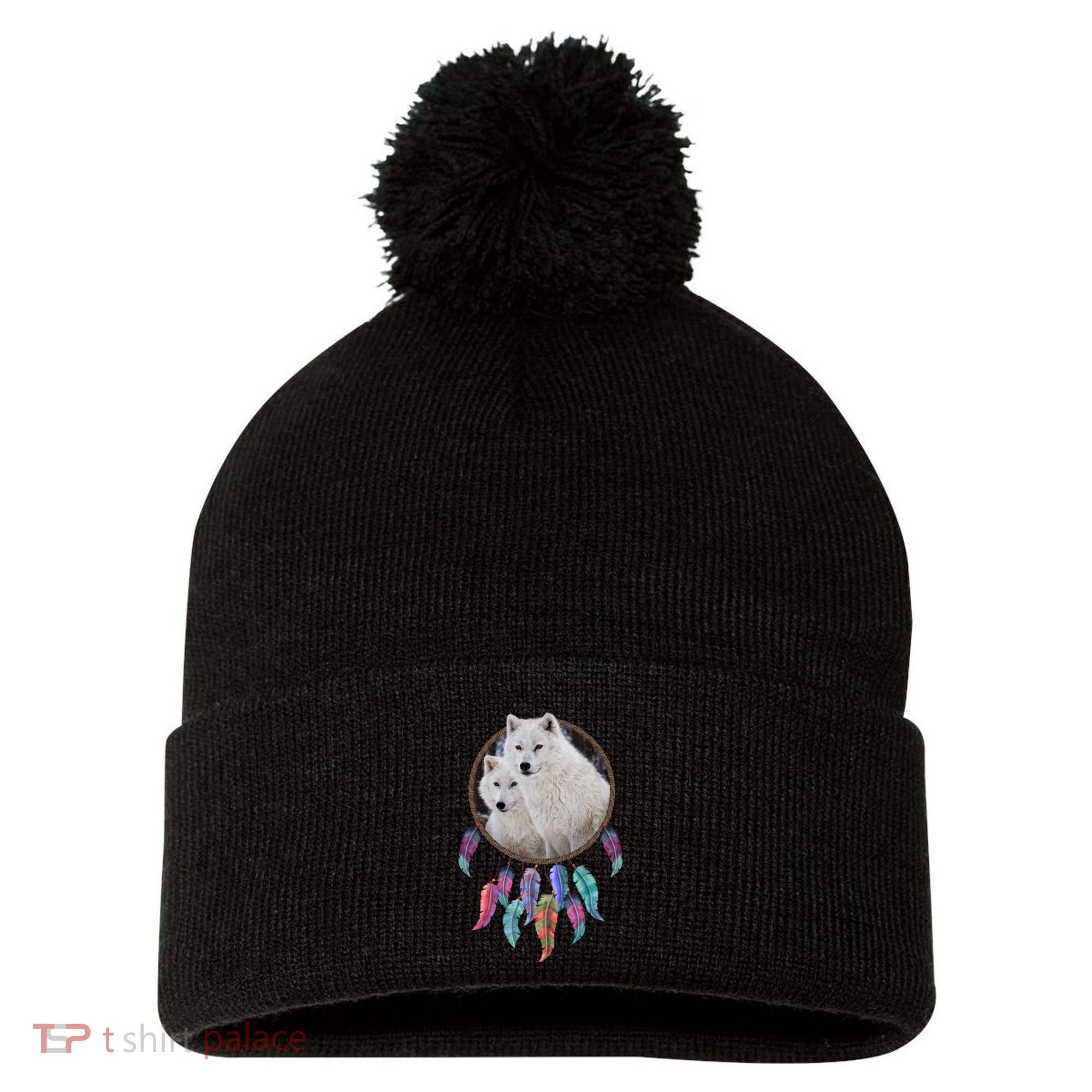 Two White Wolves Dream Catcher Pom Pom 12in Knit Beanie