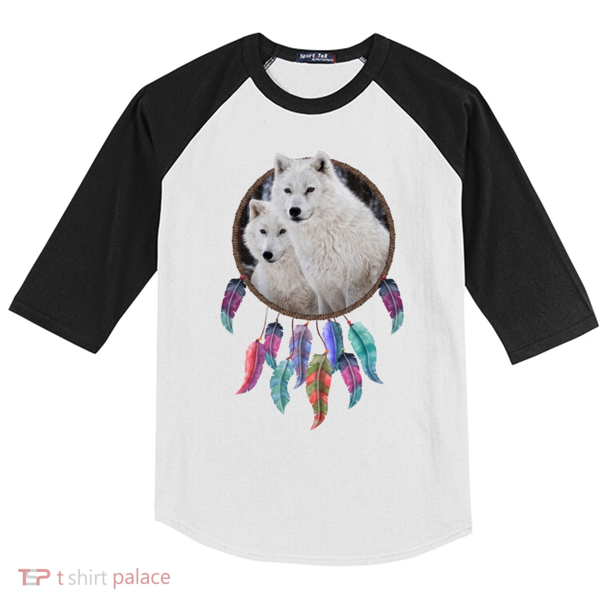 Two White Wolves Dream Catcher Kids Colorblock Raglan Jersey