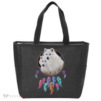 Two White Wolves Dream Catcher Tote Bag