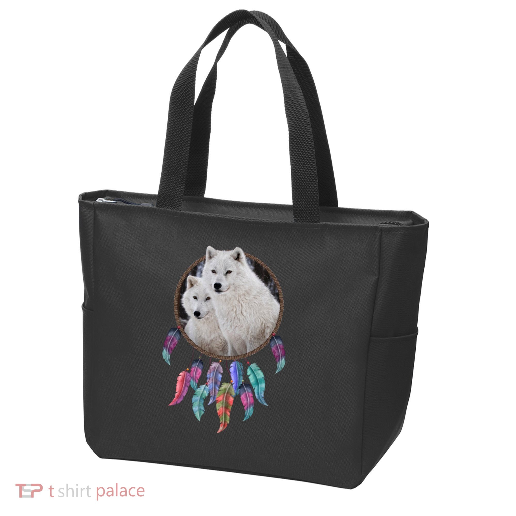 Two White Wolves Dream Catcher Tote Bag