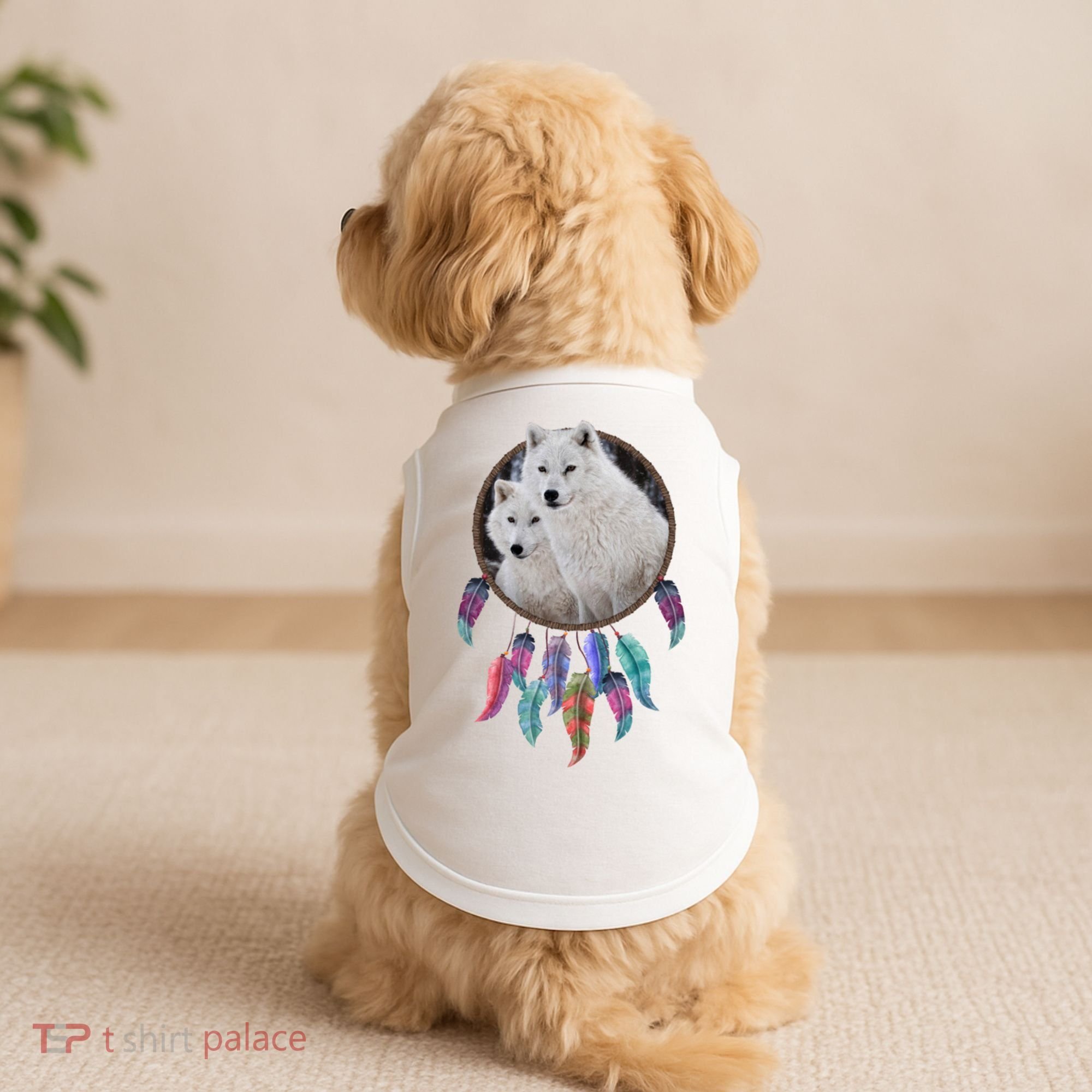 Two White Wolves Dream Catcher Doggie Tank