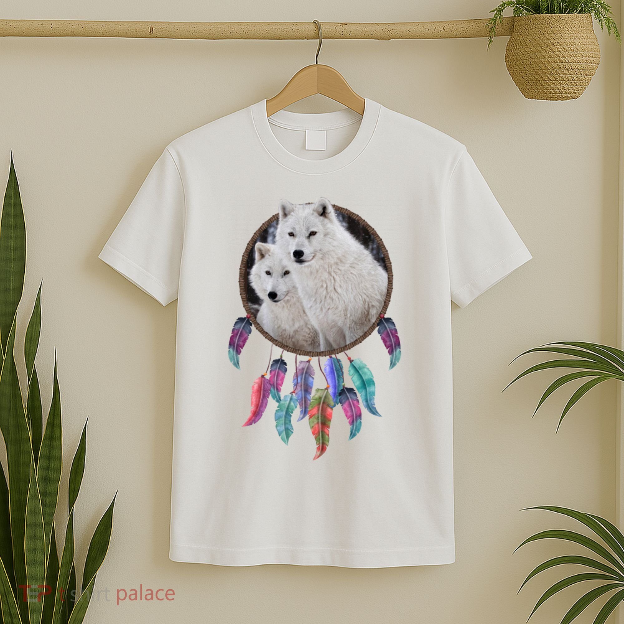 Two White Wolves Dream Catcher T-Shirt