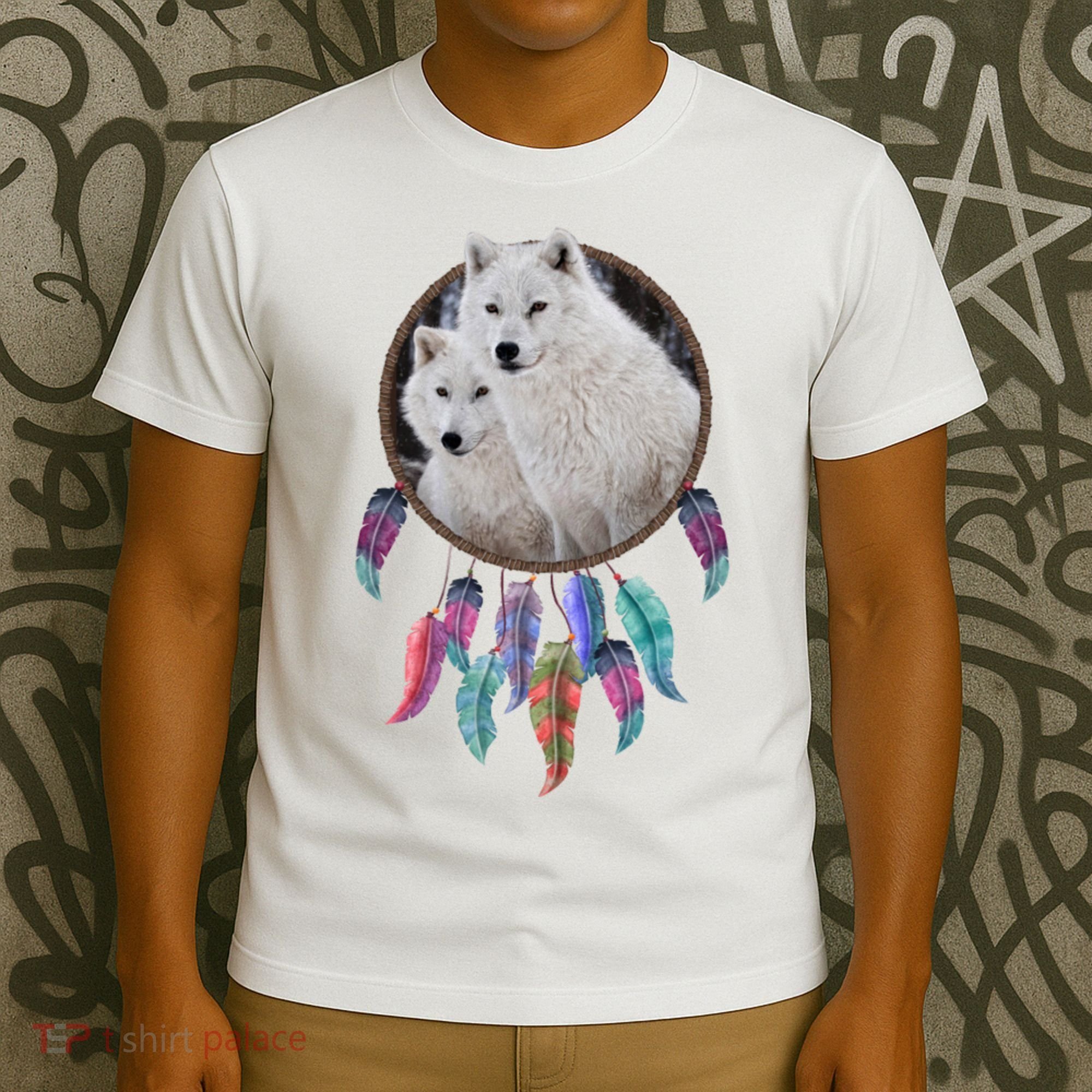 Two White Wolves Dream Catcher T-Shirt