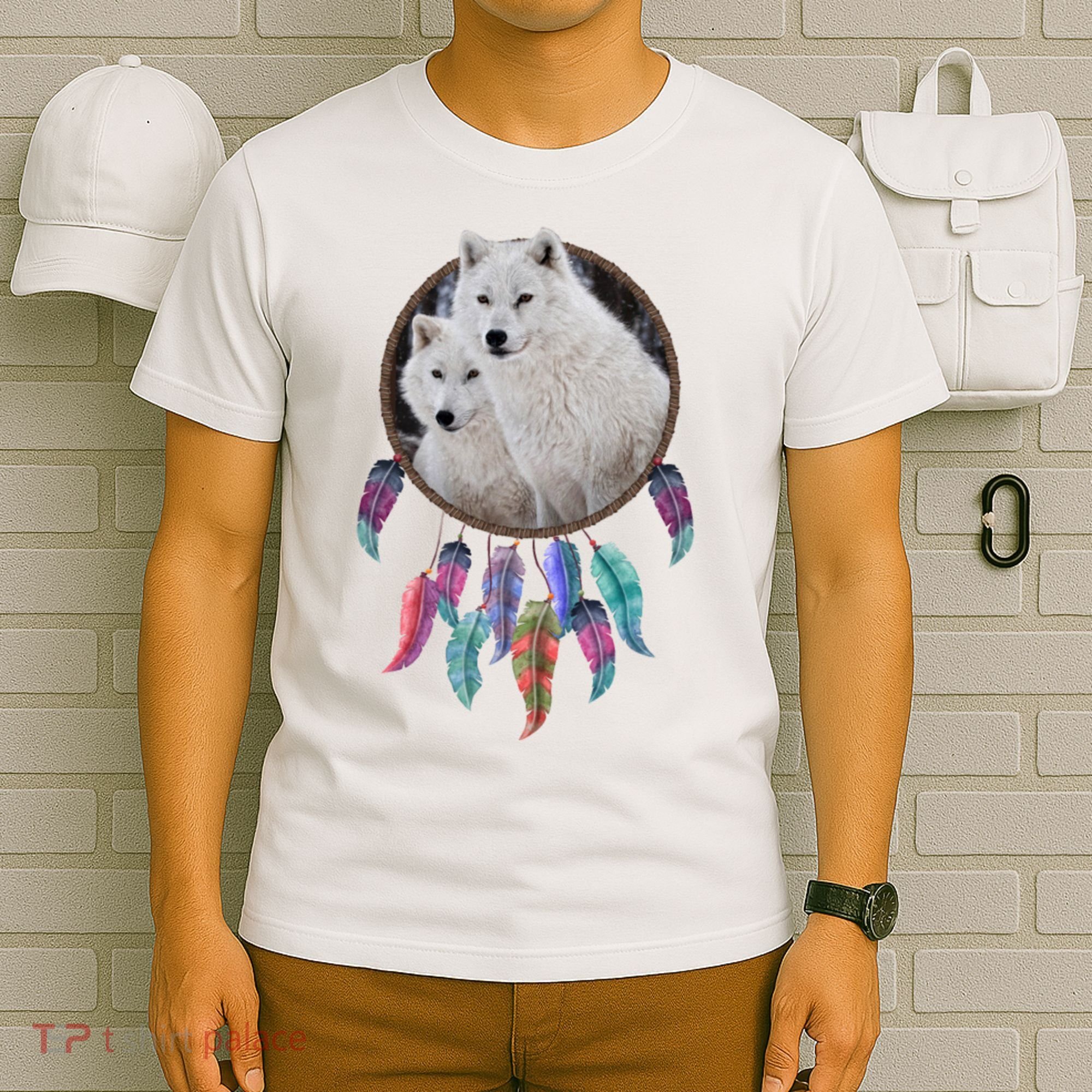 Two White Wolves Dream Catcher T-Shirt
