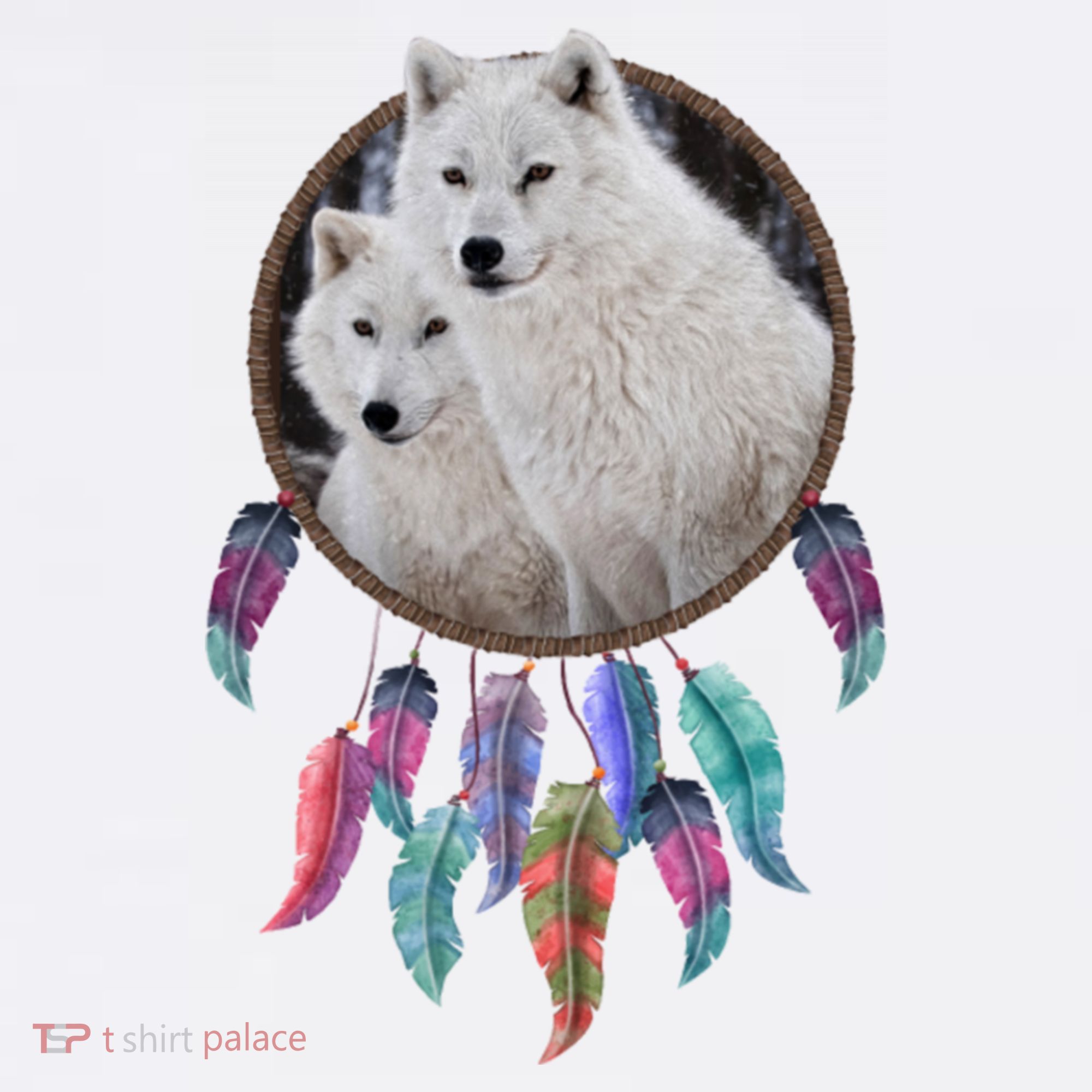Two White Wolves Dream Catcher Button