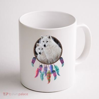 Two White Wolves Dream Catcher Coffee Mug back