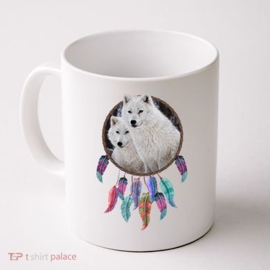 Two White Wolves Dream Catcher Coffee Mug