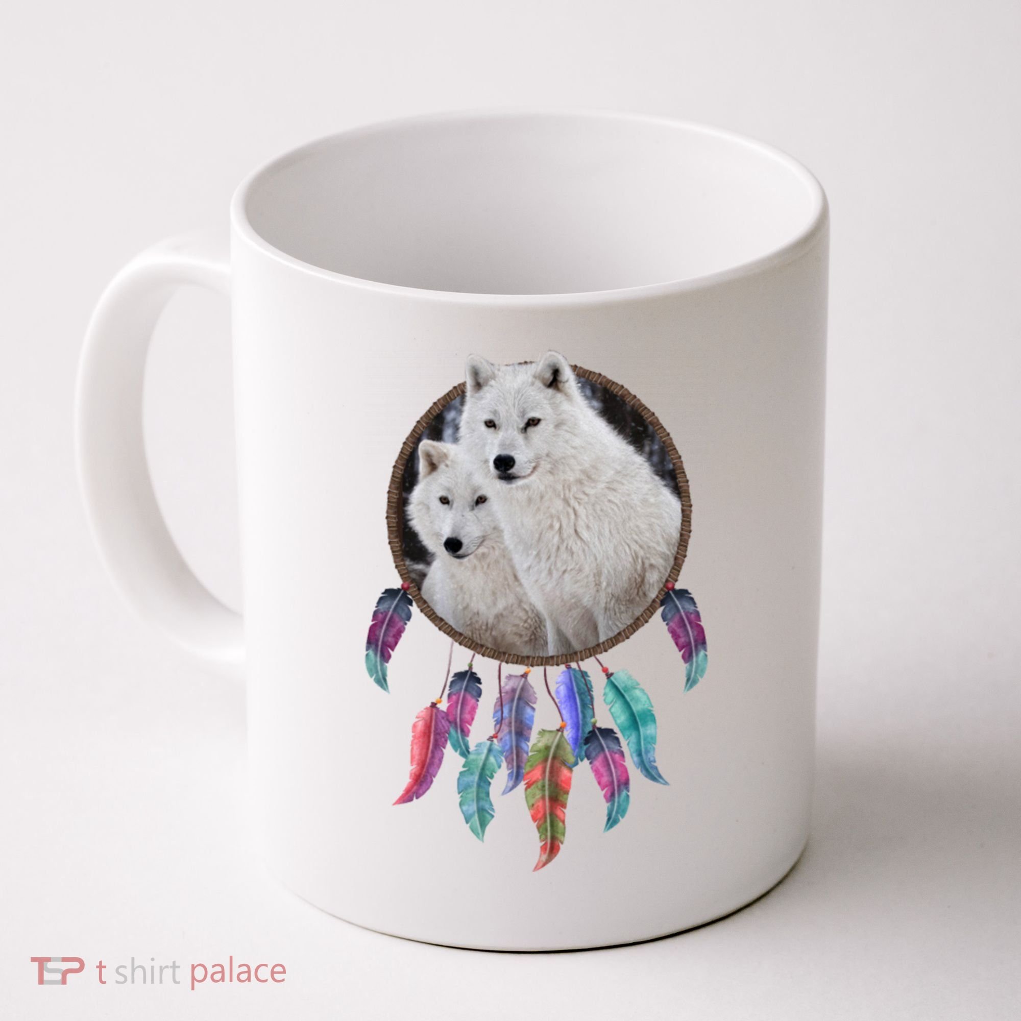 Two White Wolves Dream Catcher Coffee Mug