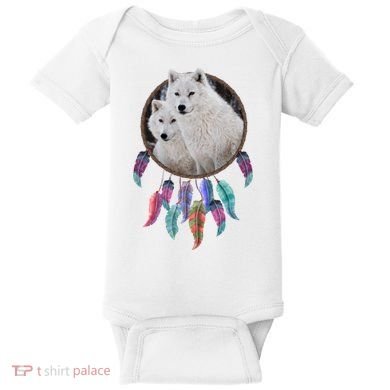 Two White Wolves Dream Catcher Baby Bodysuit