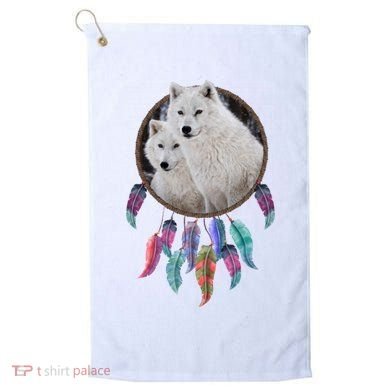 Two White Wolves Dream Catcher Golf Towel