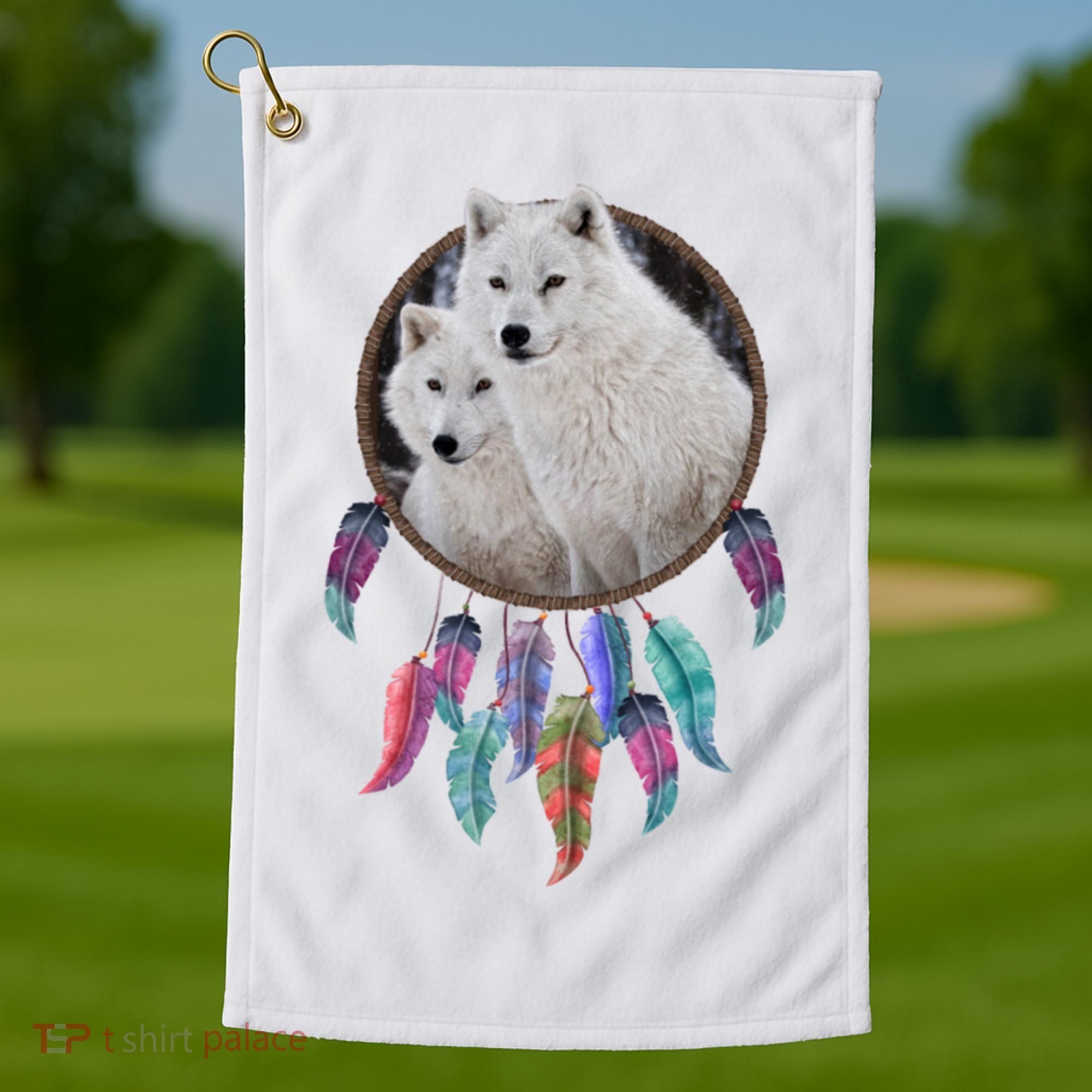 Two White Wolves Dream Catcher Golf Towel